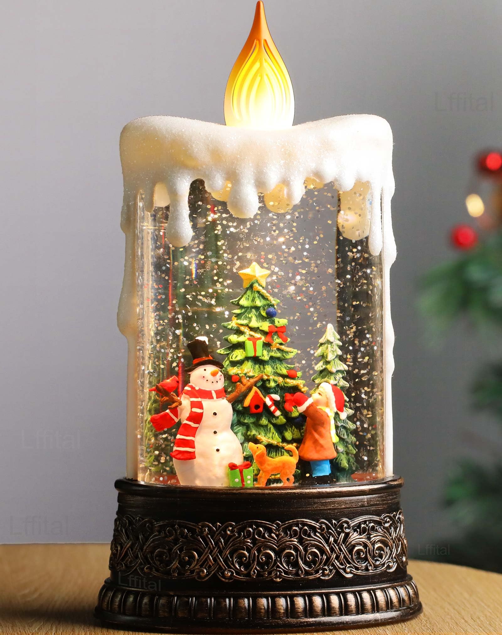 Snowman Christmas Snow Globe Lantern, Lighted Christmas Decorations for Home Candle Shaped Snow Lantern with Music Timer Glittering, Home Decor Festival Gife, USB & Battery Operated