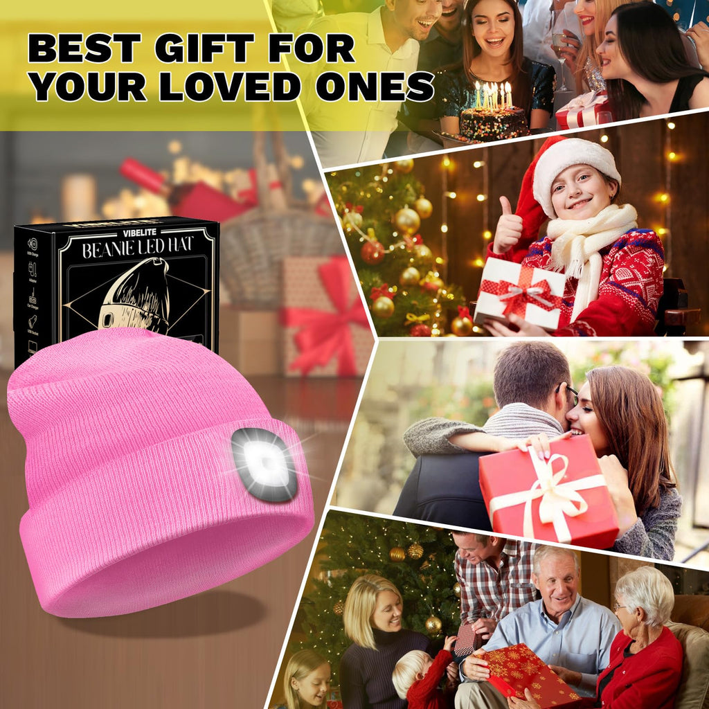 VIBELITE LED Beanie Hat with Light, USB Rechargeable LED Headlamp for Hiking, Camping, Fathers Day Gift for Dad, Husband, Birthday Gifts for Men, Women, Dad Gifts from Daughter, Wife, Black