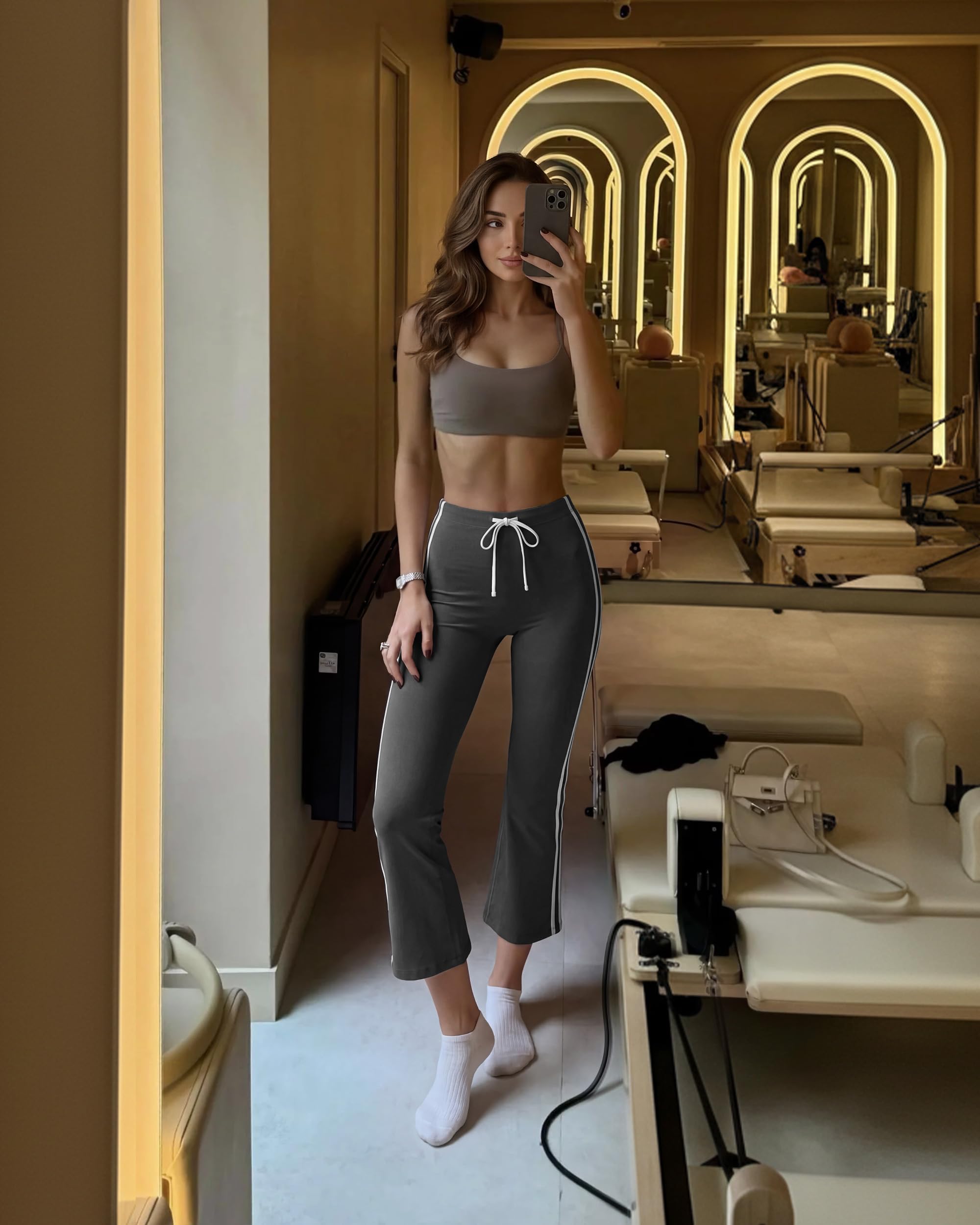 MOOSLOVER Women Flare Capri Yoga Pants High Waisted Side Stripe Drawstring Bootcut Flared Cropped Leggings