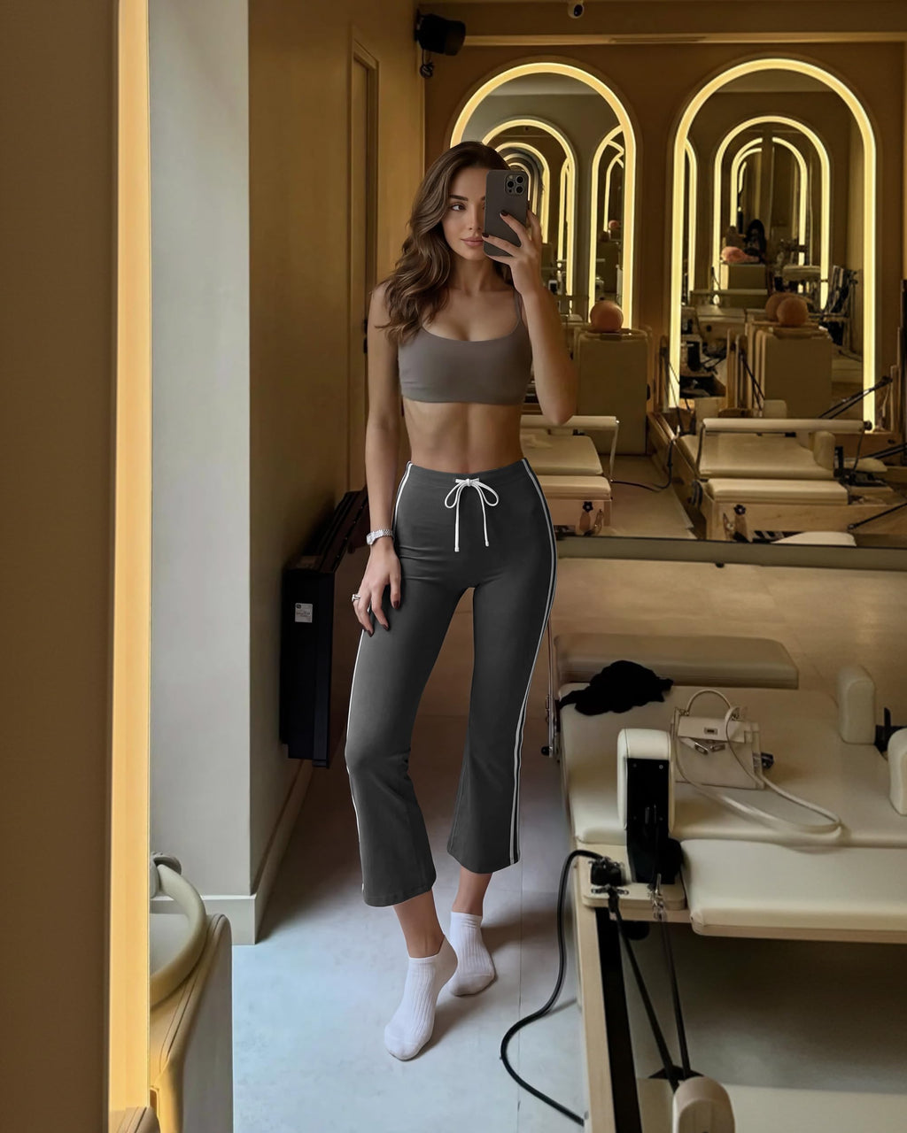 MOOSLOVER Women Flare Capri Yoga Pants High Waisted Side Stripe Drawstring Bootcut Flared Cropped Leggings