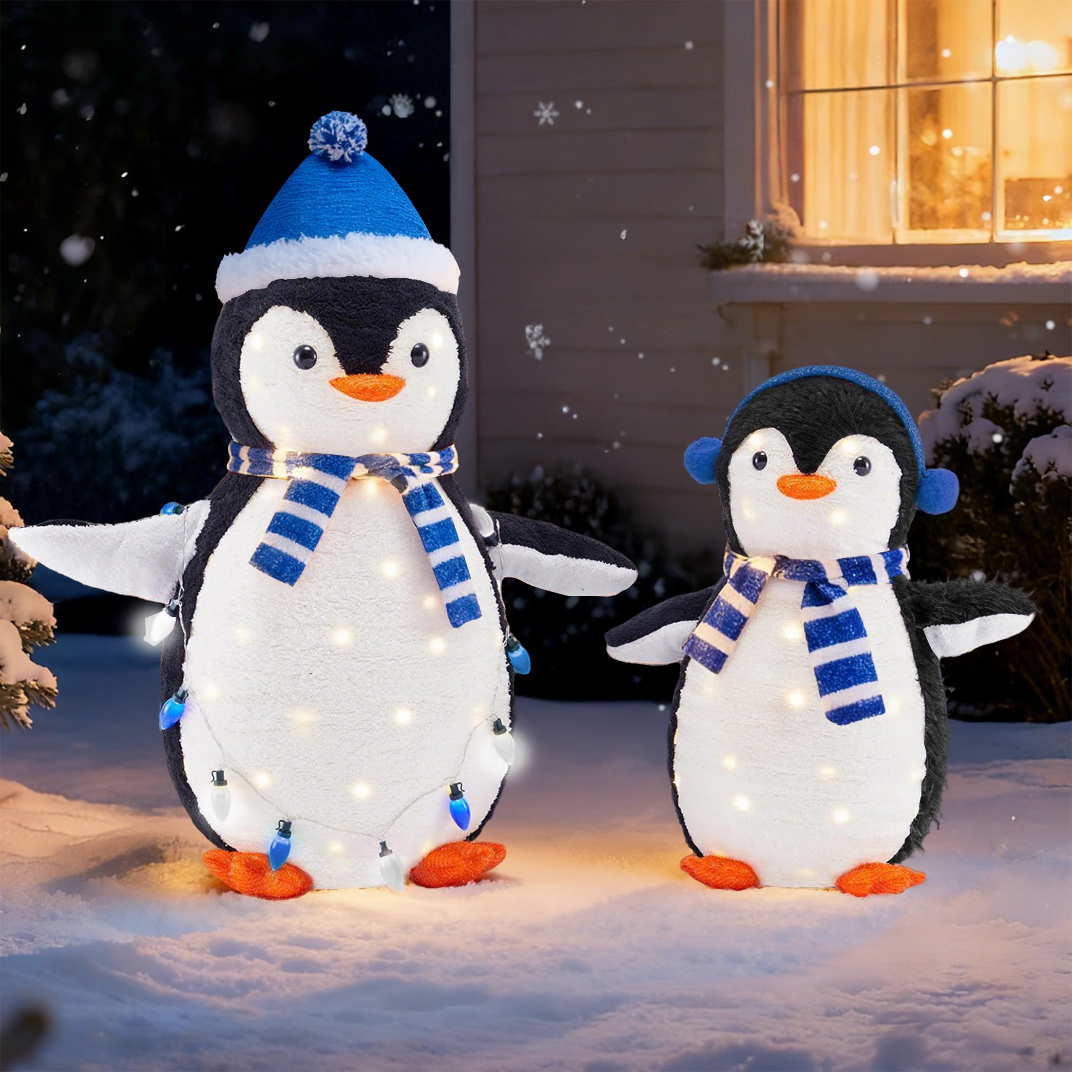 DUMOS 2-Piece Lighted Penguin Family Lovely Outdoor Christmas Decoration, Pop up Holiday Decor with 150 LED Lights for Yard, Garden, Storefront, White&Blue