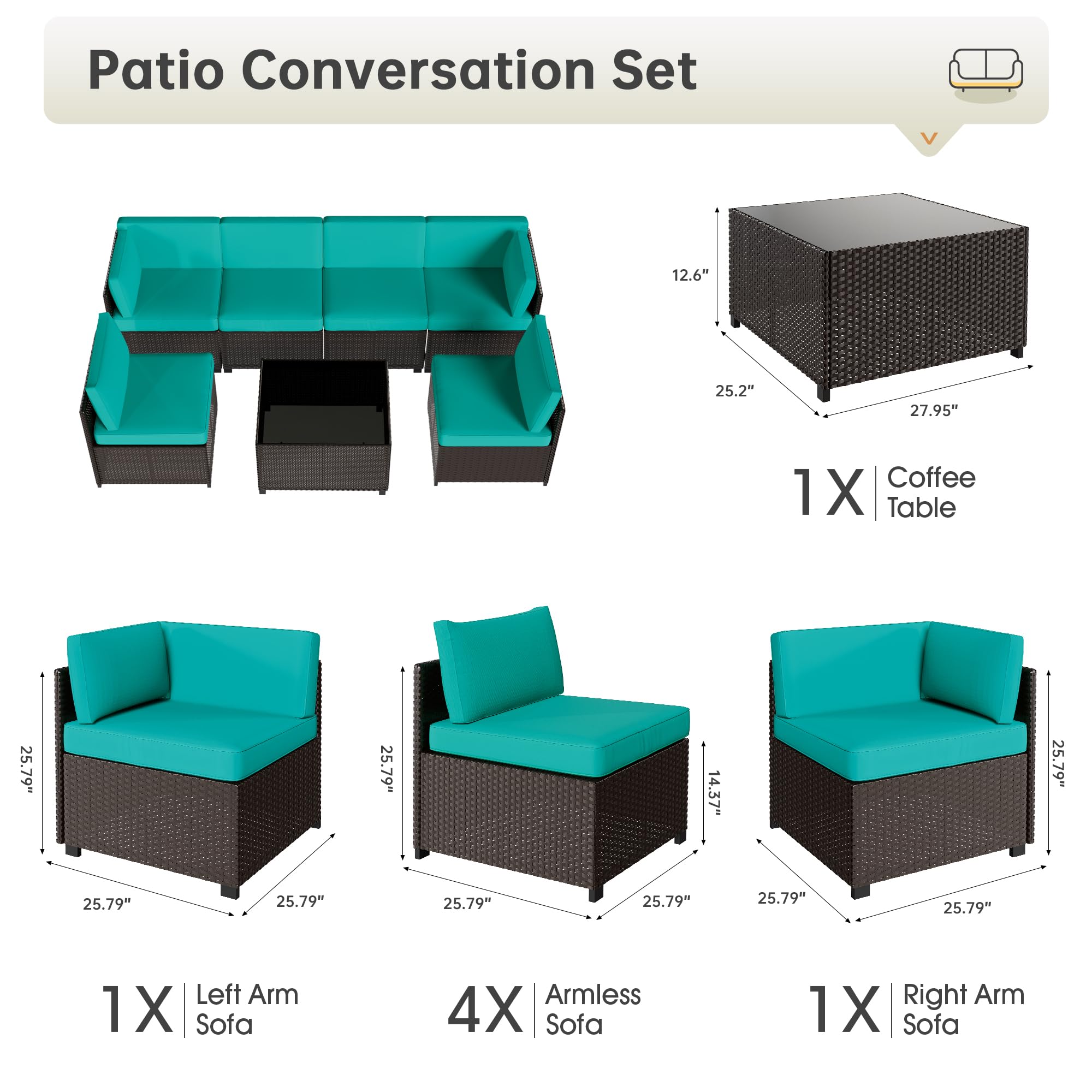 LHBcraft 7 Piece Patio Outdoor Furniture Set, Outdoor Sectional, All-Weather Manual Weaving PE Rattan Wicker Patio Sectional Sofa, Rattan Outside Furniture with Black Cushion and Glass Coffee Table