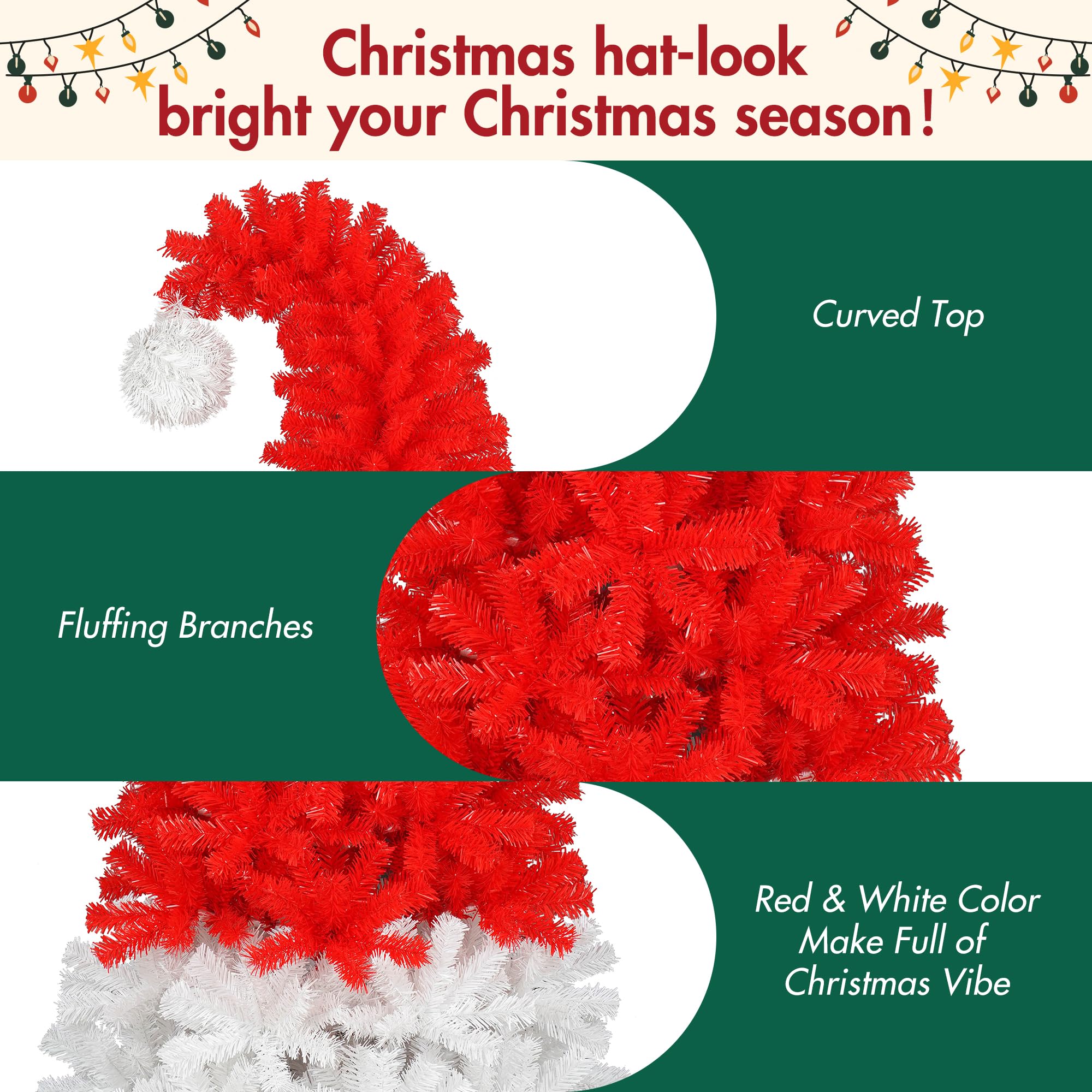 Merax 7FT Red Christmas Tree, Red Santa Hat Christmas Tree Prelit with 400 Lights and 1250 Branches, Artificial Whimsical Seasonal Holiday Decoration