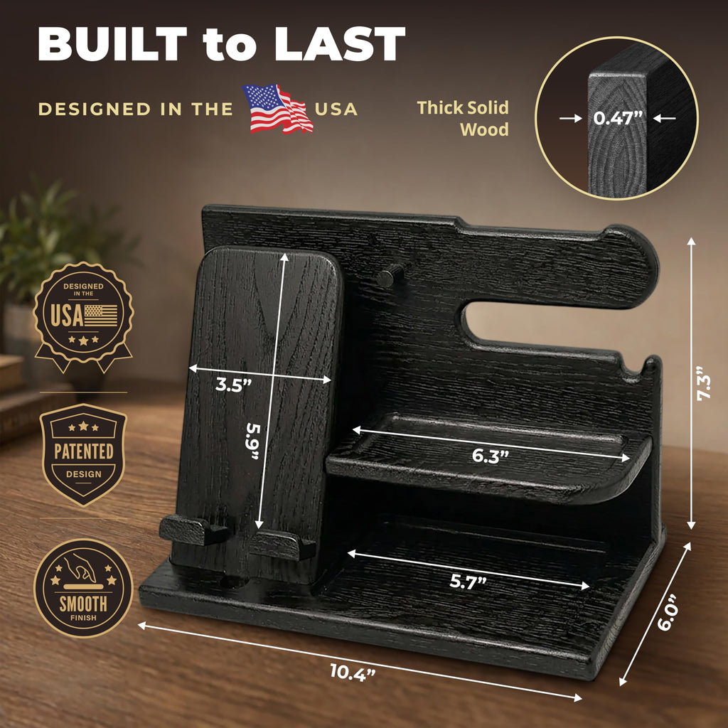 TESLYAR Wood Phone Docking Station for Men - Desk or Nightstand Organizer - Birthday Gifts for Husband, Dad - Anniversary Idea from Wife - Key Holder, Stand Wallet, Watch & Essentials (Bourbon Brown)