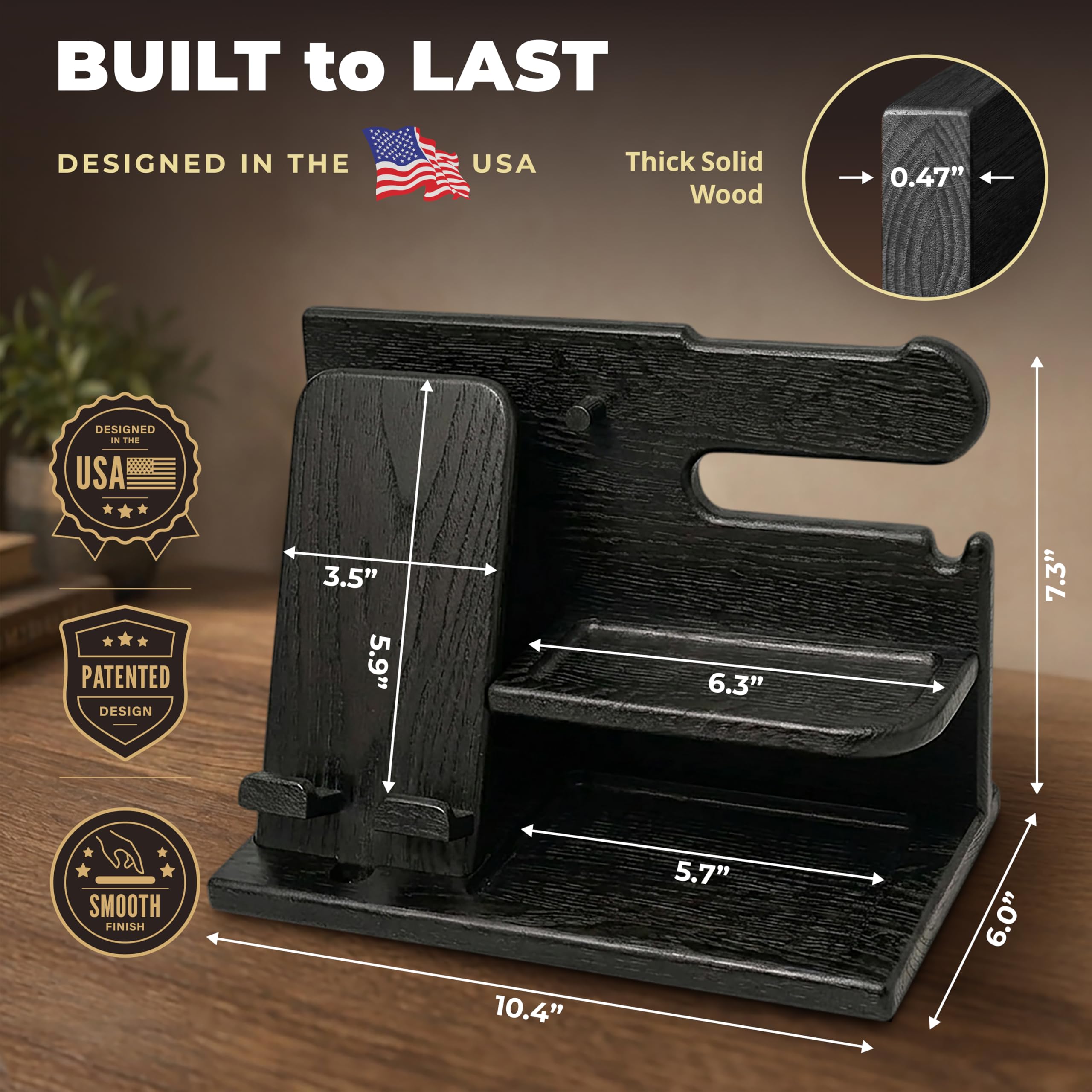 TESLYAR Wood Phone Docking Station for Men - Desk or Nightstand Organizer - Birthday Gifts for Husband, Dad - Anniversary Idea from Wife - Key Holder, Stand Wallet, Watch & Essentials (Bourbon Brown)