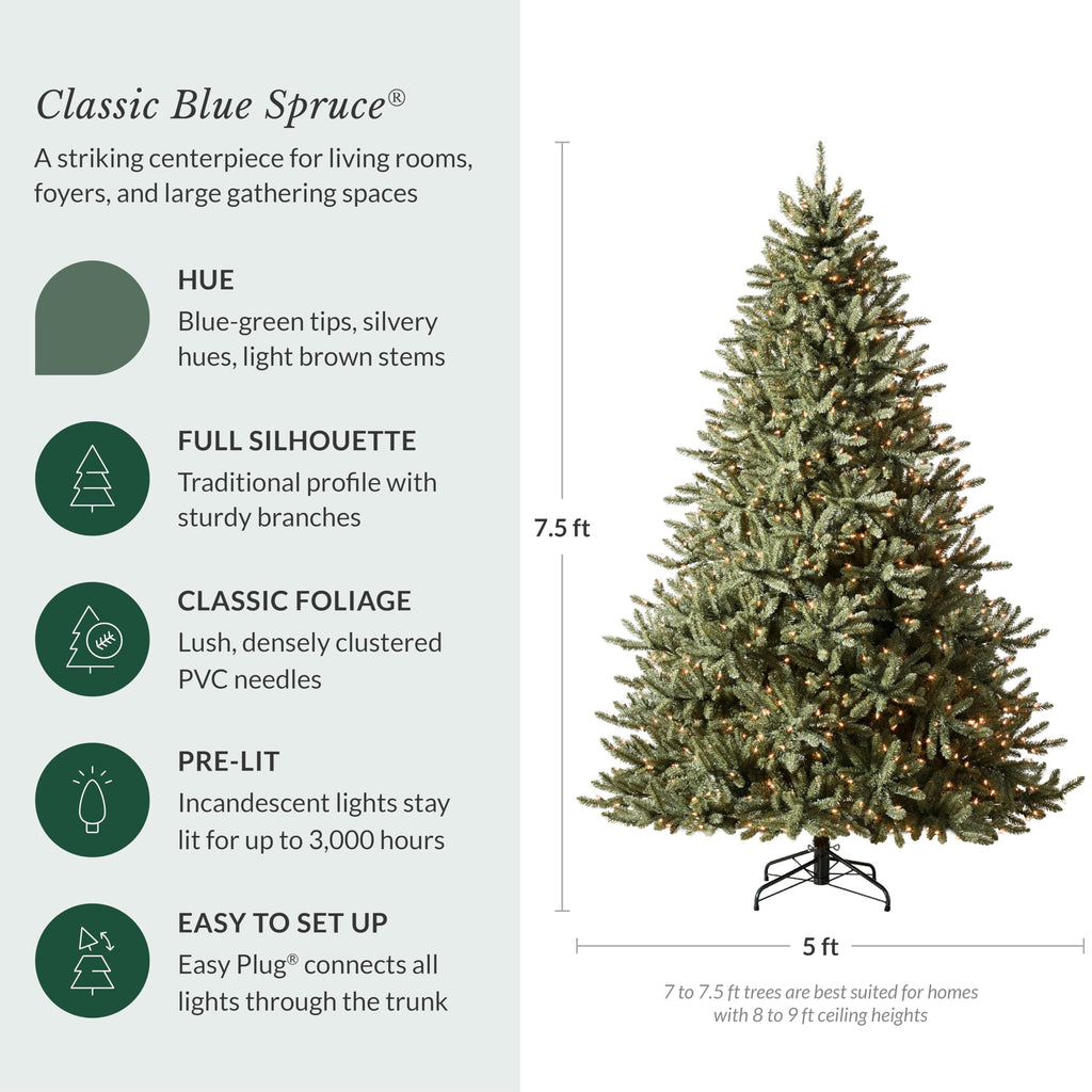 Balsam Hill 7.5ft Pre-Lit Classic Blue Spruce - Artificial Christmas Tree with 2,960+ Tips, 1,000 Clear LED Lights, Easy Plug Technology & Premium Stand for Indoor Holiday Decorating