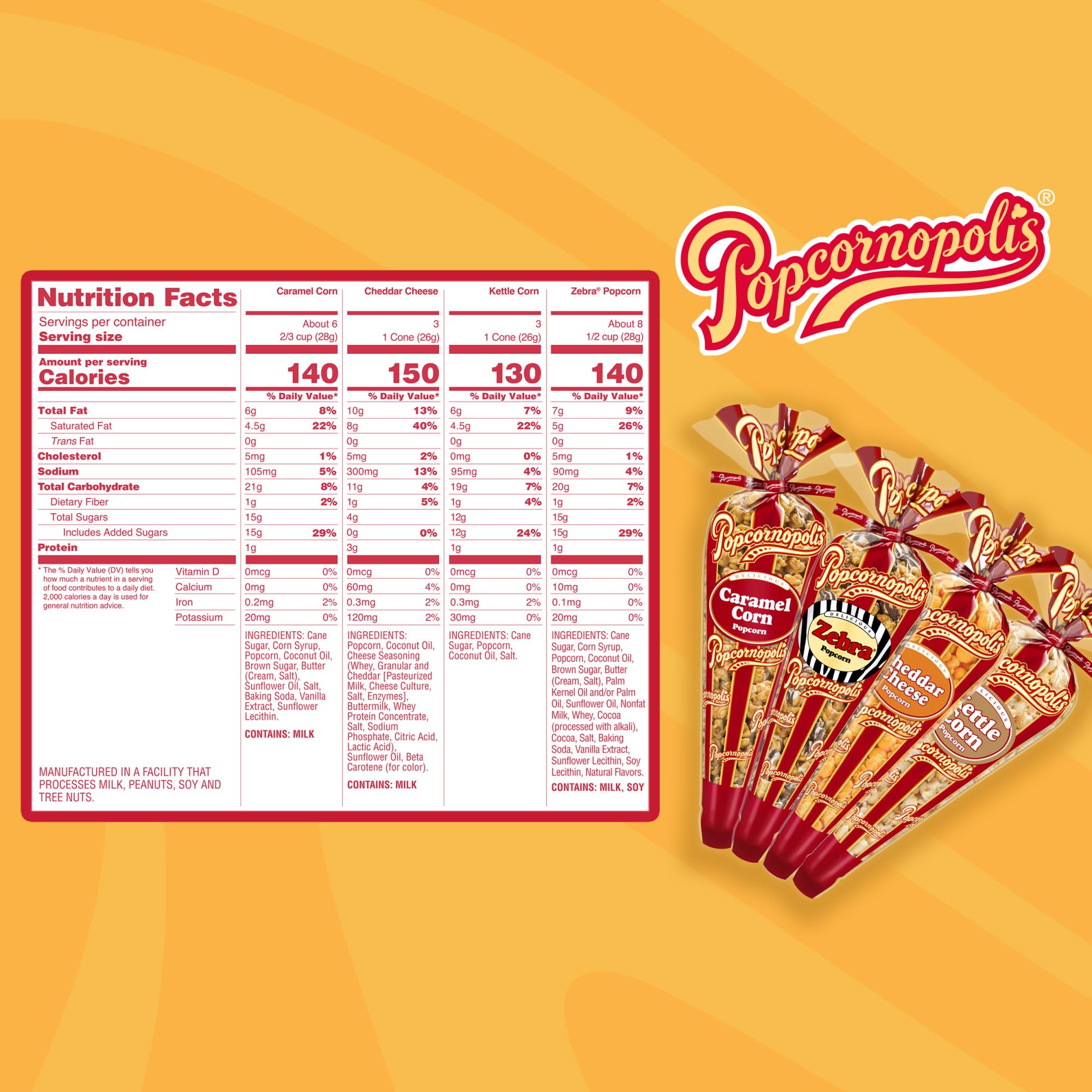 Popcornopolis Gourmet Popcorn Cone Variety Pack – Zebra Popcorn, Cheddar Cheese Popcorn, Caramel Popcorn & Kettle Corn Popcorn, Great for Gifting & Sharing, (12-Count)