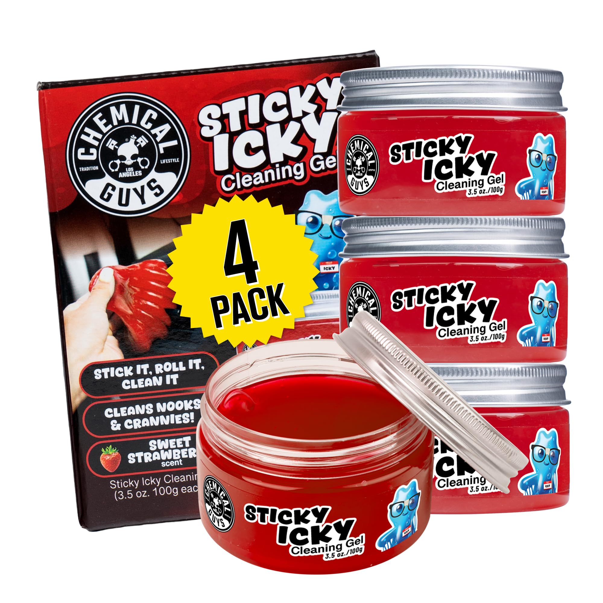 Chemical Guys Sticky Icky Car Cleaning Gel, Green Apple, Interior Car Cleaner, Reusable Automotive Crevice & Interior Dust Cleaner for Air Vents, Consoles, Cup Holders & Keyboards, 4 Pack (100g Each)