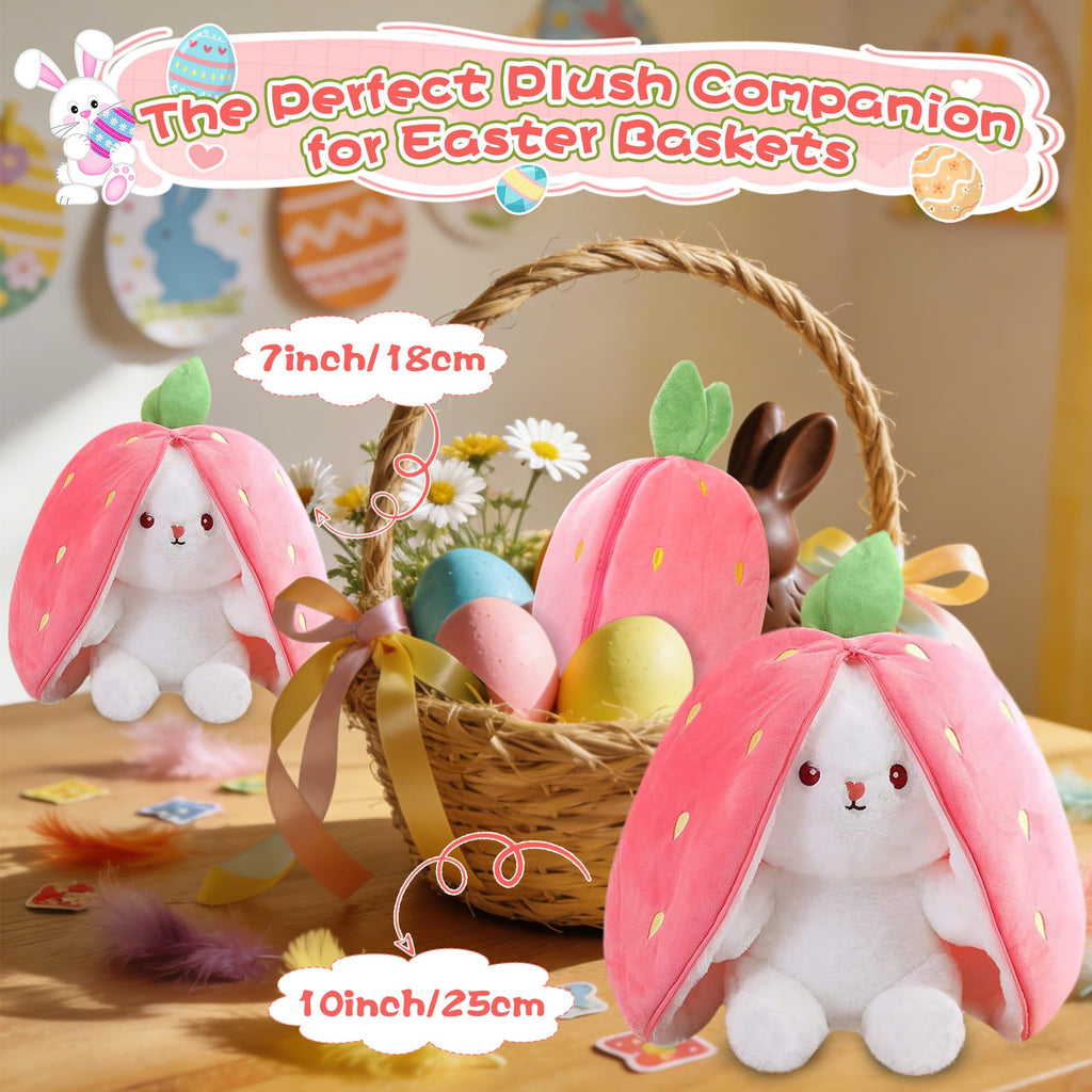 MIAODAM Bunny Stuffed Animal Reversible Cuddle Bunny Stuffed,Strawberry Bunny Transformed Rabbit Plush Zipper,Turns Into Ears Bunnies Plushies Toy Cute Stuffy Doll Easter