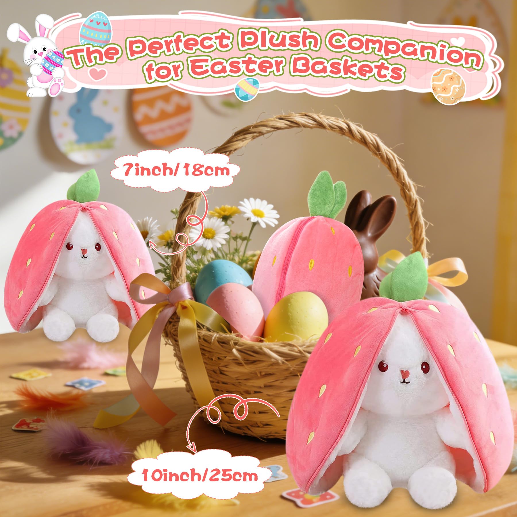MIAODAM Bunny Stuffed Animal Reversible Cuddle Bunny Stuffed,Strawberry Bunny Transformed Rabbit Plush Zipper,Turns Into Ears Bunnies Plushies Toy Cute Stuffy Doll Easter