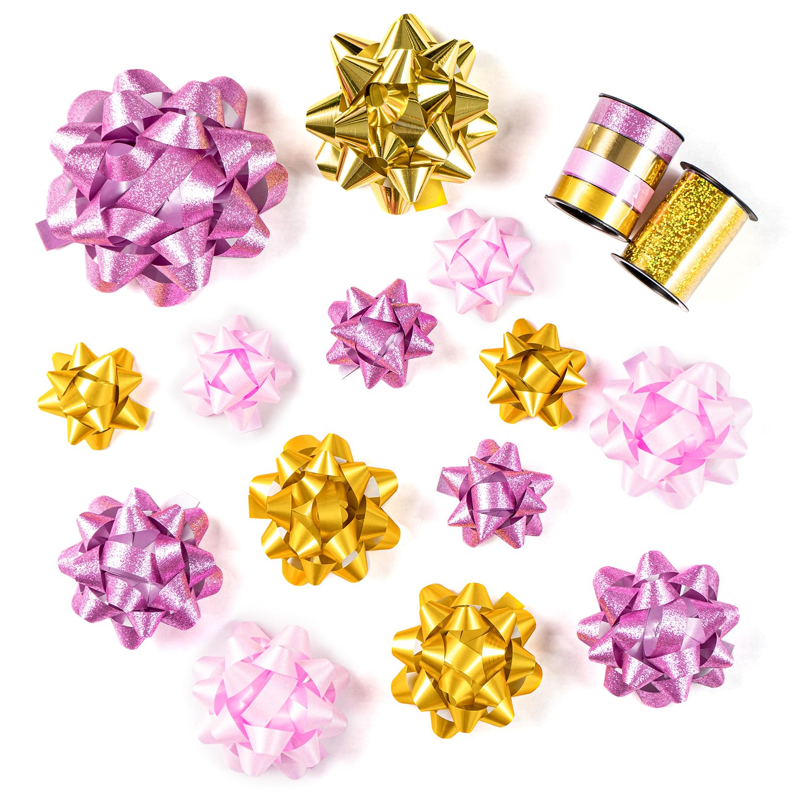 WRAPAHOLIC 14 Pcs Gift Bows Assortment - 12 Multi Colored Assorted Size Gift Bows (Purple, Pink, White, Rose Gold, Silver) and 2 Crimped Curling Ribbons, Perfect for Christmas, Holiday, Party