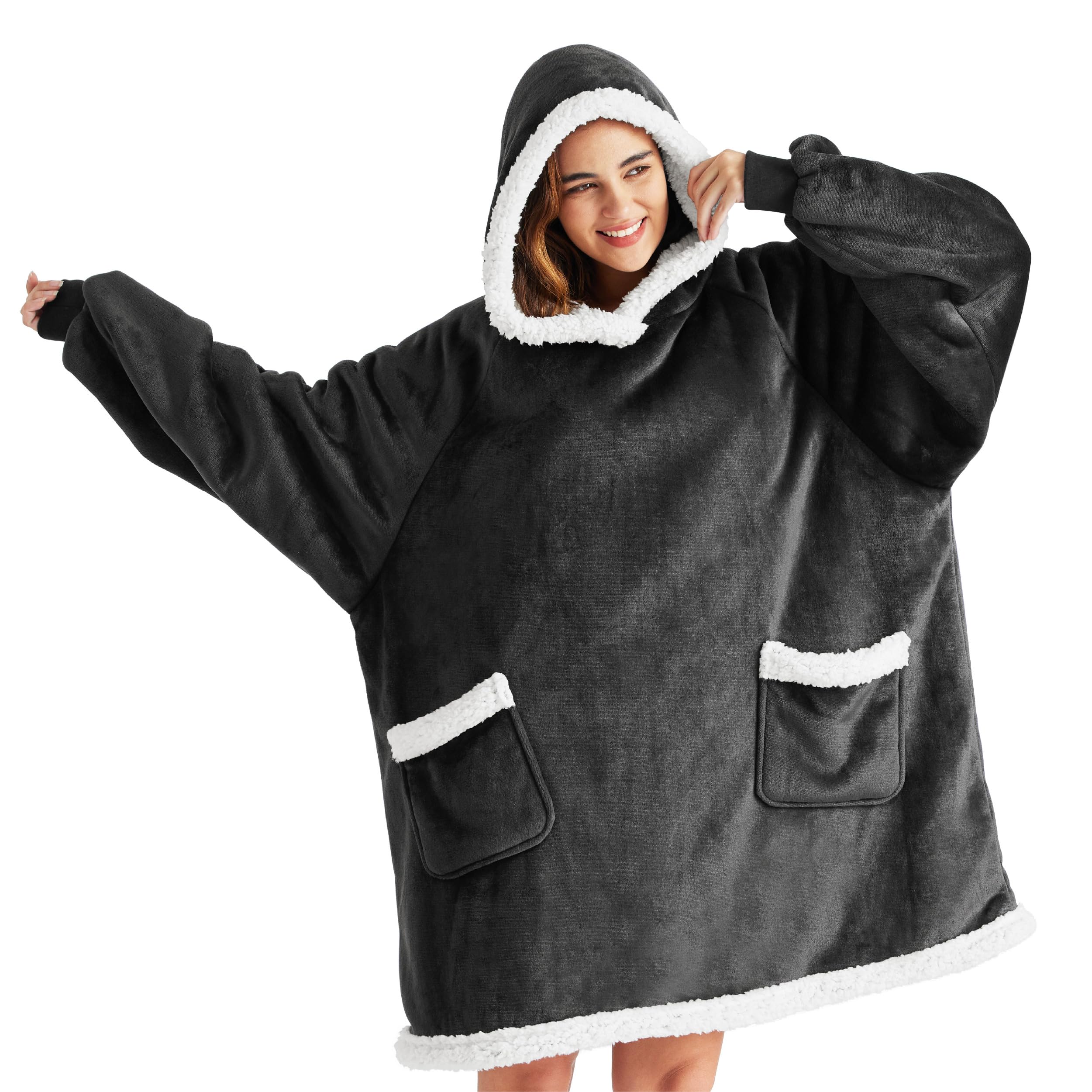 Bedsure Blanket Hoodie, Wearable Blanket Hoodie as Gifts for Mom, Birthday Gifts for Women Kids Teens Mother's Day Sherpa Sweatshirt, Grey, Standard