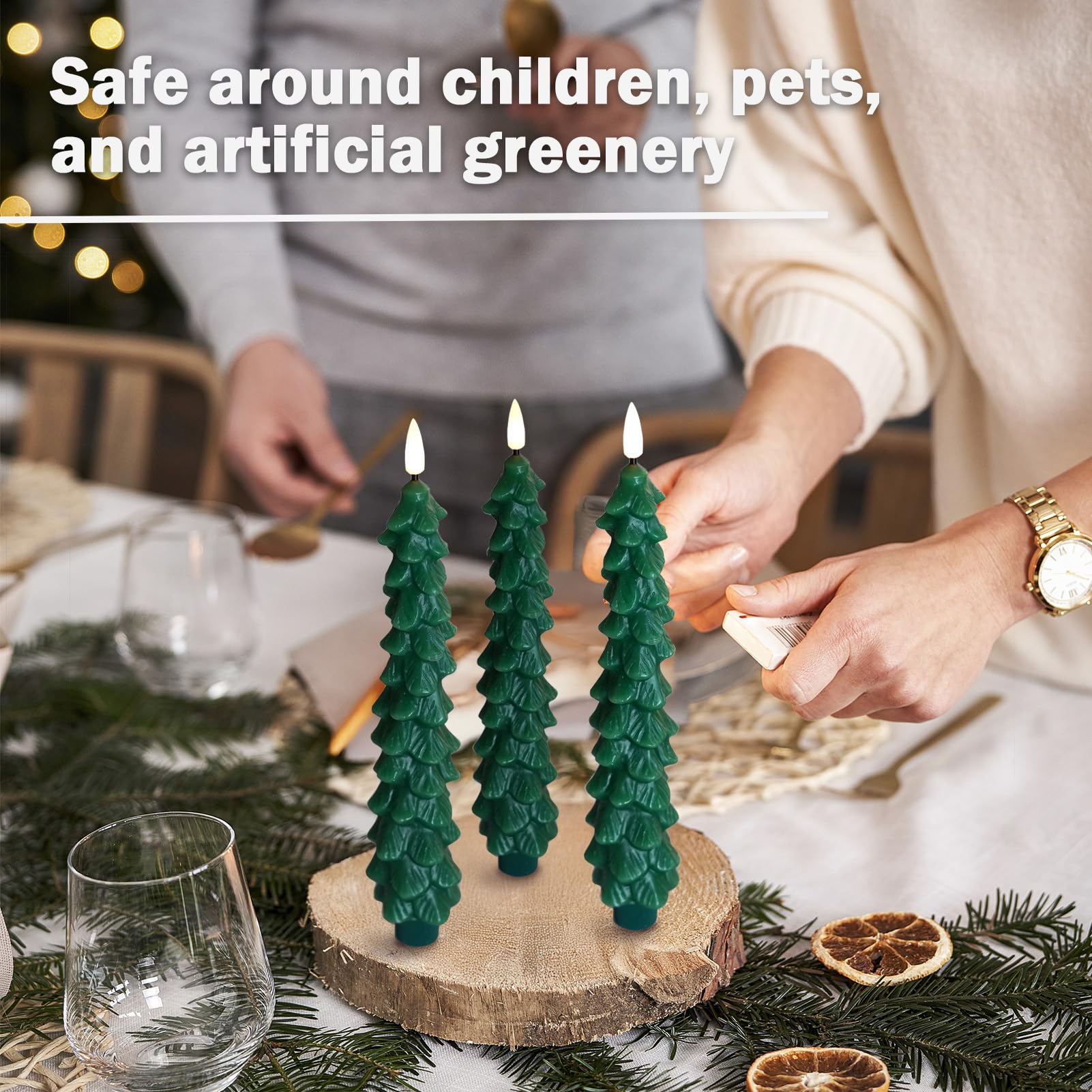 FPOO Christmas Decorations Indoor, 3 PCS Waxy Christmas Tree Candles with Remote Timer, Battery LED Candlesticks for Window, Table Centerpiece, Xmas Decor, Gift (7.5 inches)