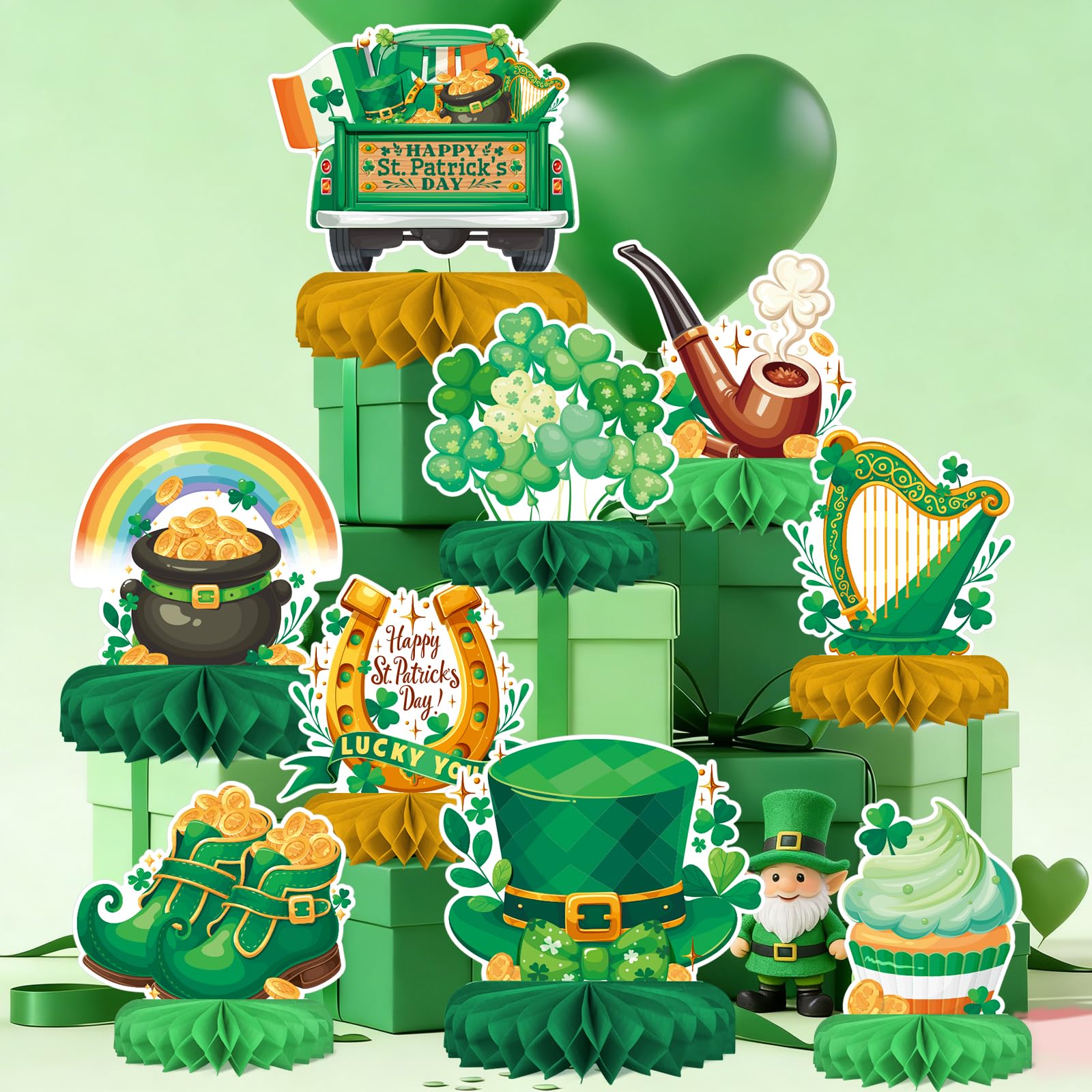 St Patrick's Day Decorations Set - St Patricks Day Honeycomb Centerpieces & Shamrock Beer Table Toppers, for Irish Classroom & St. Patrick's Day Party Supplies