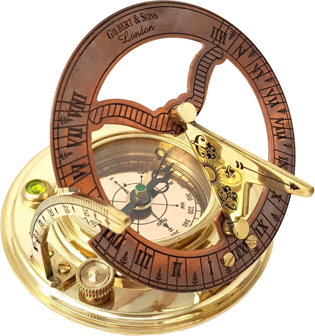 Brass Nautical - Antique Brass & Copper Sundial Compass, Sundial Clock in Box Gift Sun Clock Ship Replica Watch