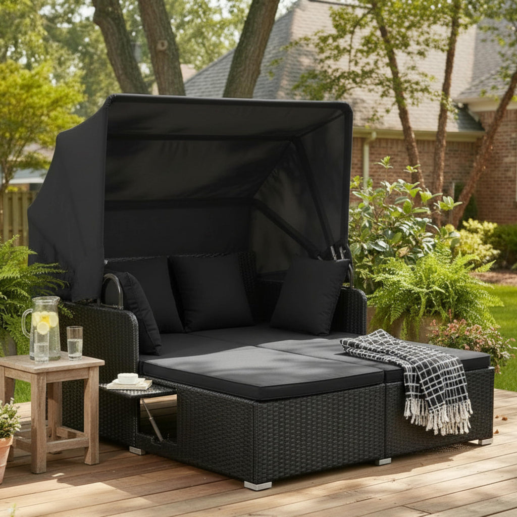 Tangkula Patio Rattan Daybed with Retractable Canopy, Outdoor Wicker Sunbed Lounger with 2 Foldable Side Tables, Thick Seat & Back Cushions, Outside Double Daybed for Garden, Backyard, Porch