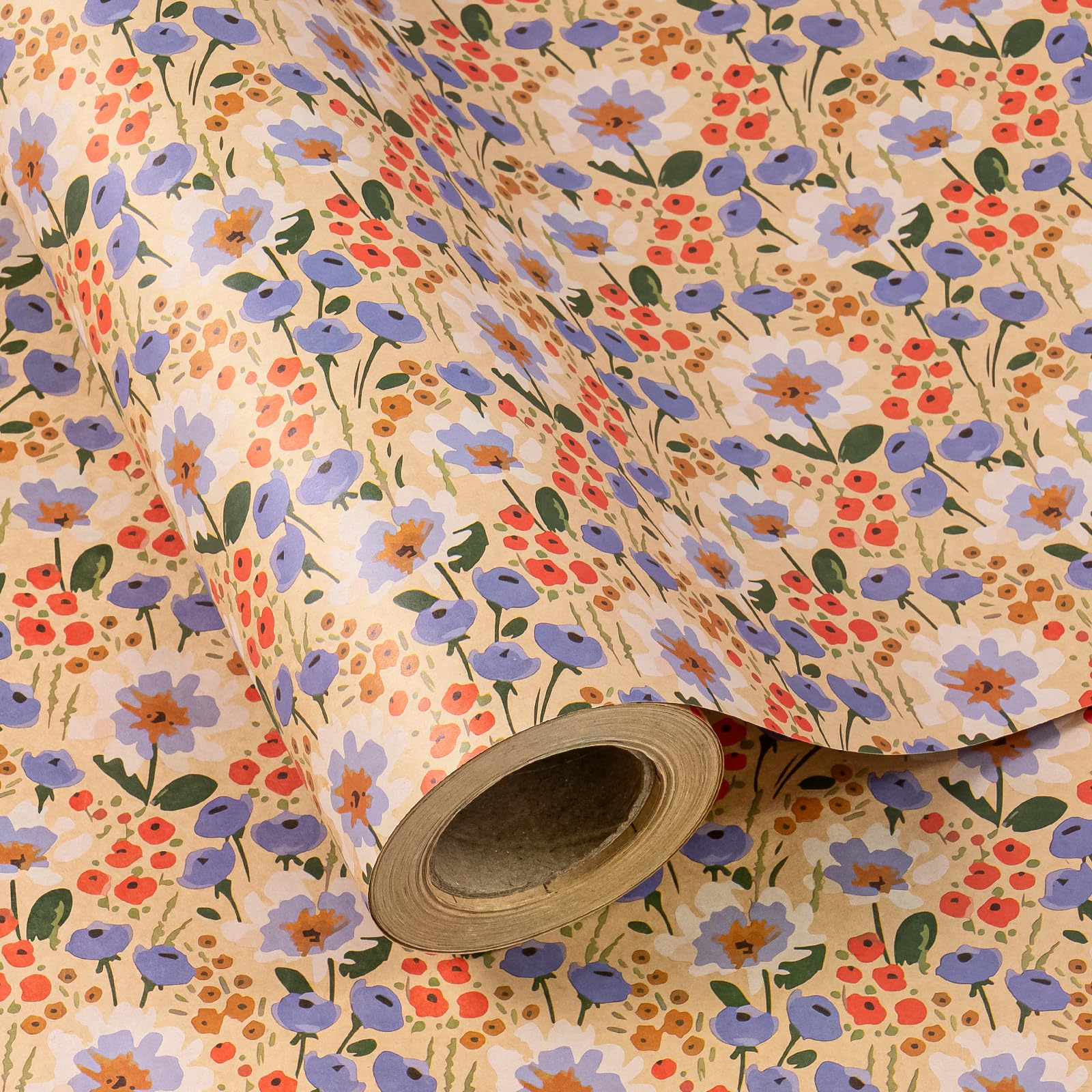 WRAPAHOLIC Kraft Floral Wrapping Paper Roll - Mini Roll - 17 Inch x 9.8 Feet - Spring Summer Garden Flower Design Perfect for Wedding, Bridal Shower, Birthday