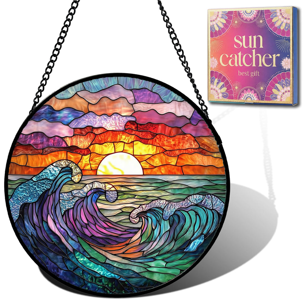 Birthday Gifts for Women - Beach Shell Faux Stained Glass Window Hanging Sun Catcher for Door Garden Acrylic Ocean Decor Mother's Day Christmas for Mom Men Nana Grandma Sisters 6.3"