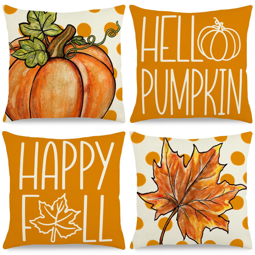Fall Pillow Covers 18x18 Inch Autumn Pumpkin Maple Leaf Throw Pillowcase Orange Cushion Case for Thanksgiving Home Farmhouse Couch Sofa Bed Indoor Outdoor Decor (Set of 4)
