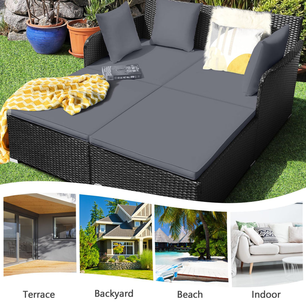 Tangkula Patio Rattan Daybed with Retractable Canopy, Outdoor Wicker Sunbed Lounger with 2 Foldable Side Tables, Thick Seat & Back Cushions, Outside Double Daybed for Garden, Backyard, Porch