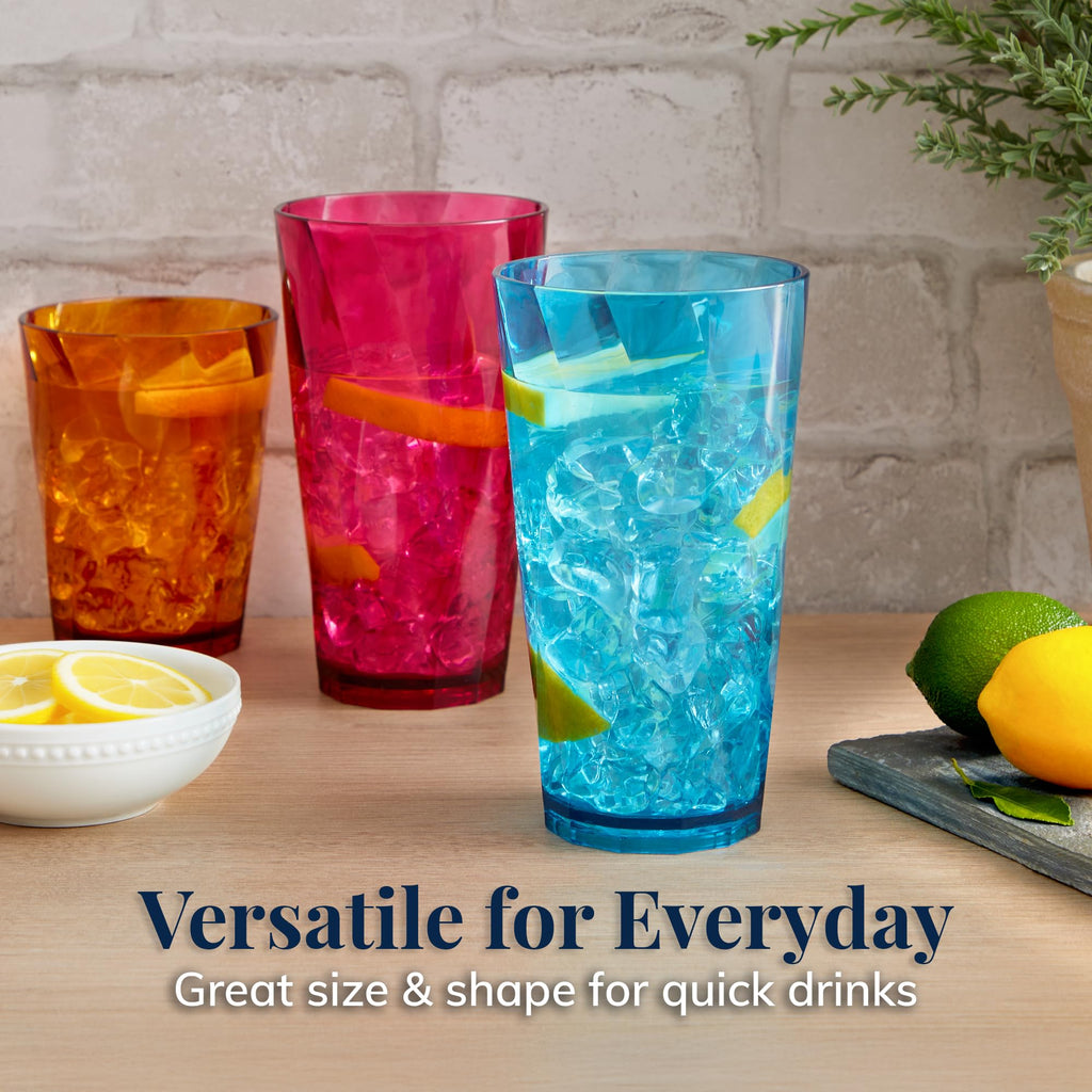 US Acrylic Optix Plastic Reusable Drinking Glasses (Set of 8) 20oz Water Cups in Jewel Tone Colors | BPA-Free Tumblers, Made in USA | Top-Rack Dishwasher Safe
