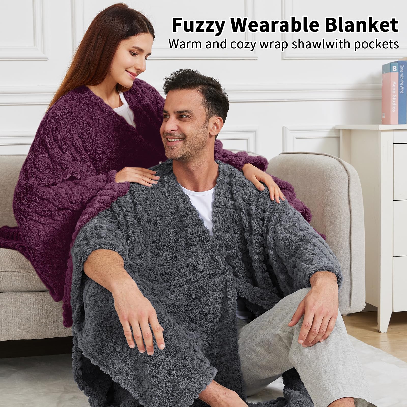 Wearable Blanket Poncho Cape Wrap for Adult, Cozy Sherpa Fleece Pocketed Shawl TV Throw Blankets for Office and Lounge(Caramel,58'' x 64'')