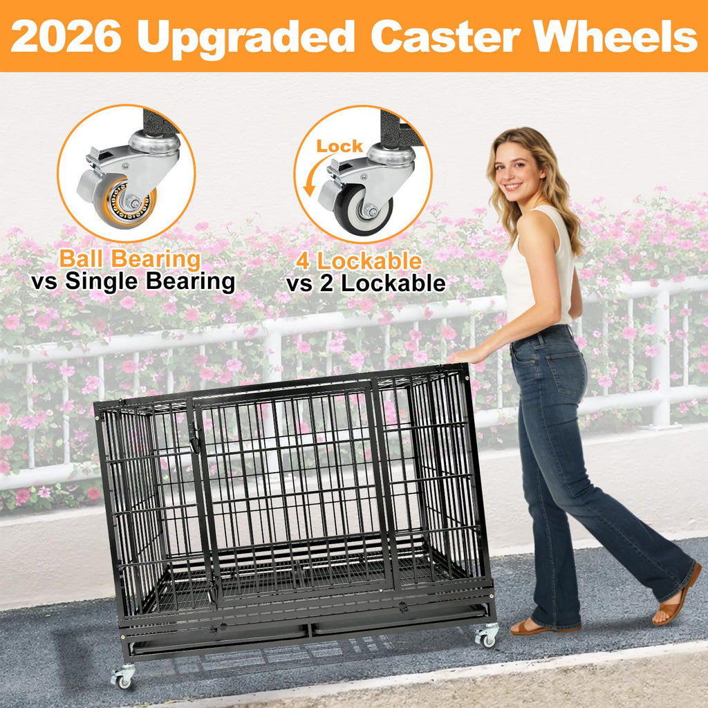 Homey Pet 37 Inch Heavy Duty Dog Crate for Medium Dogs, Stackable Dog Cage with Four Lockable Wheels, Removable Tray & Grid, Open Top, Escape Proof Dog Kennel Indoor