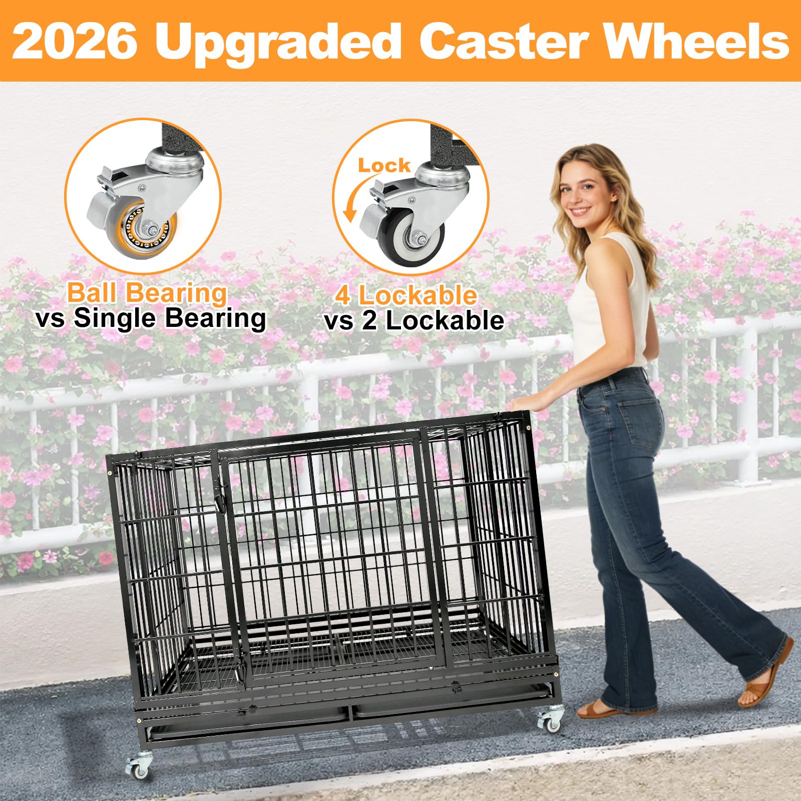 Homey Pet 37 Inch Heavy Duty Dog Crate for Medium Dogs, Stackable Dog Cage with Four Lockable Wheels, Removable Tray & Grid, Open Top, Escape Proof Dog Kennel Indoor