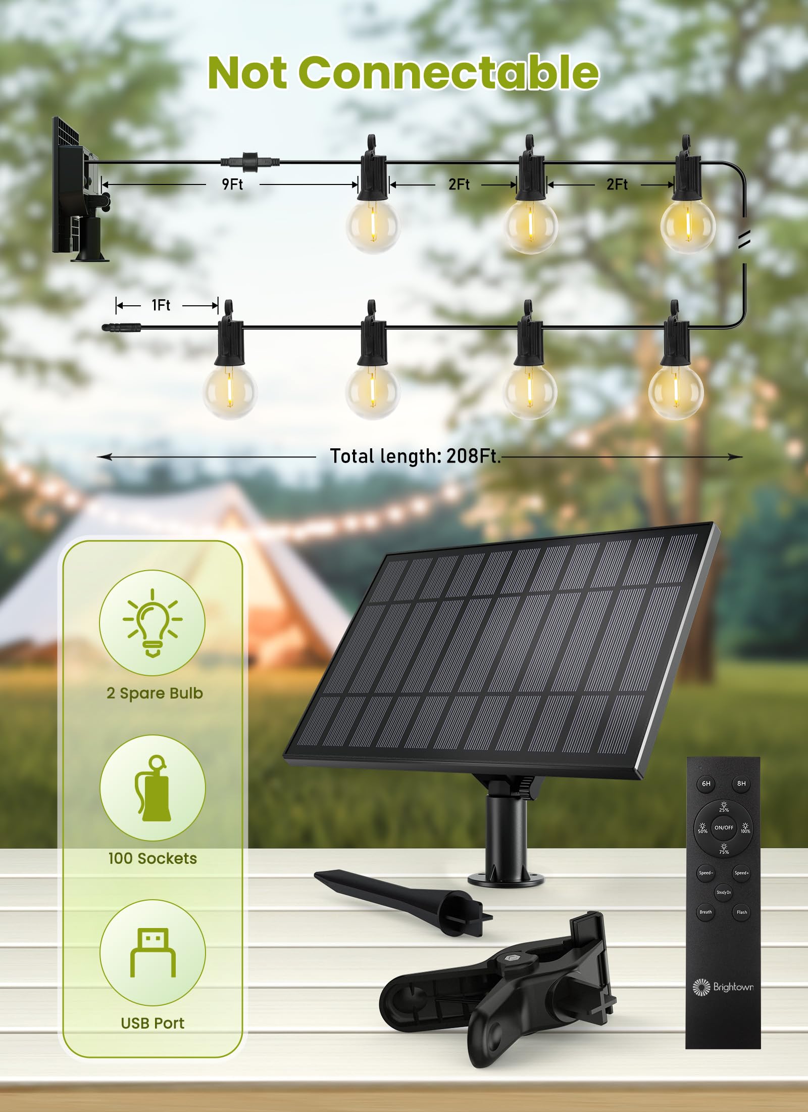 Brightown 58FT Solar String Lights Outdoor with Remote Cable Ties Hooks, 26 LED Shatterproof Bulbs, 3 Light Modes, Dimmer & Timer, Commercial Grade Patio Lights for Yard Balcony Pergola Party Decor