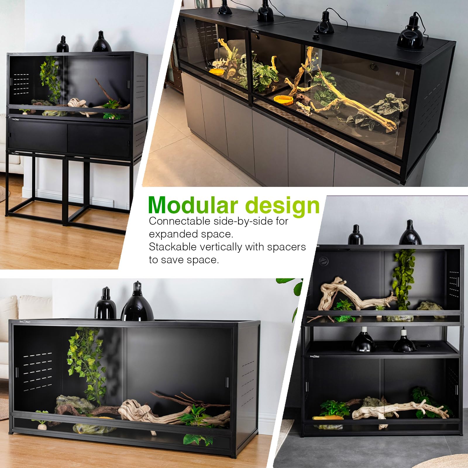 PVC Reptile Enclosure 3 Tier 40"x16"x16" with Spacers, 44 Gallon Reptile Tank Habitat, Space Saving Stackable Reptile Terrarium for Bearded Dragon Gecko Snake Lizard, Sliding Glass Doors Lock