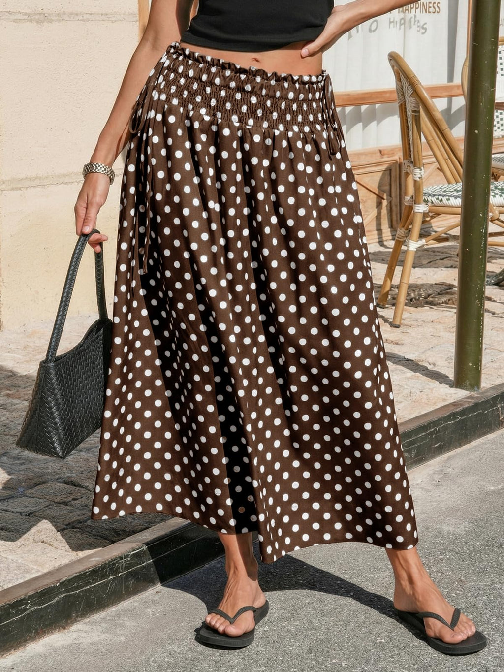 Tankaneo Womens Polka Dot Maxi Skirts Boho Smocked High Waisted Tie Skirt Casual Beach Vacation Dress