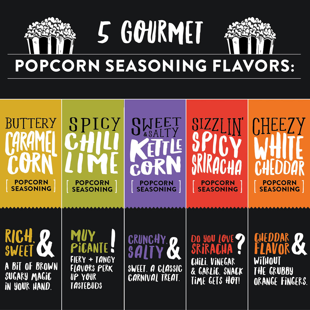 Urban Accents Movie Night Small-Batch Popcorn Gift Set – Includes 3 Gourmet non-GMO Popcorn Kernel Varieties & 5 Flavorful Seasonings – Perfect Snack Gift Box for Parties, Father's Day, Graduations and Movie Lovers