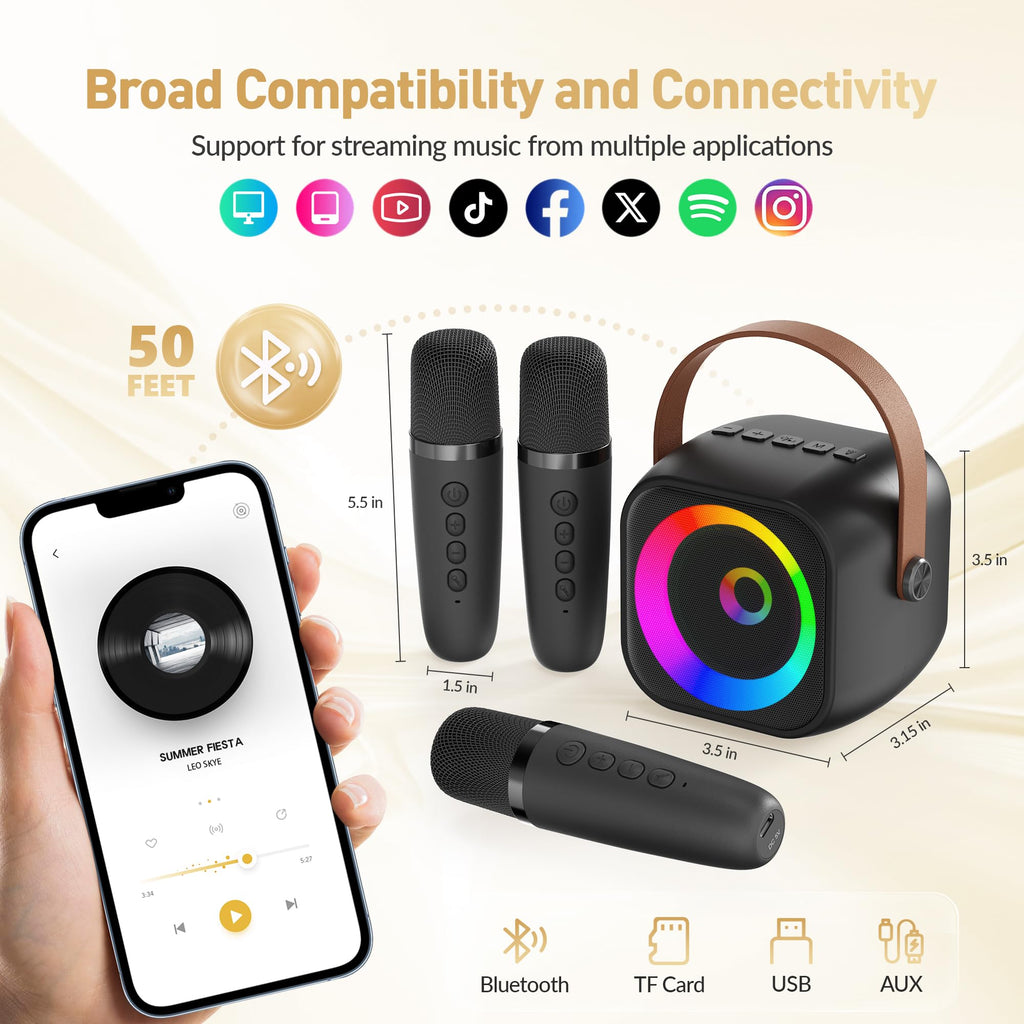 Mini Karaoke Machine, Portable Bluetooth Karaoke Speaker with 2 Wireless Microphones and Party Lights for Kids and Adults, Birthday Gifts for Girls Boys Family Home Party