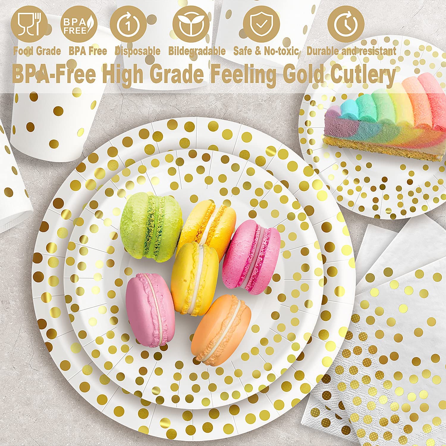 AIRE 175PCS White and Gold Party Supplies, Heavy Duty Disposable Dinnerware Set Serves 25, Paper Plates Plastic Forks Knives Spoons for Birthday,Graduation, Bridal Shower Decoration