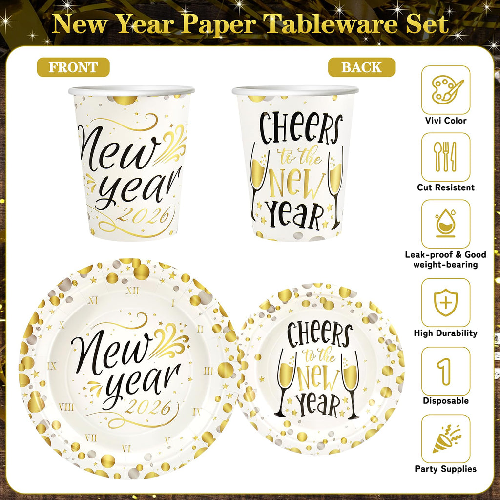 168pcs Happy New Year Party Supplies, Black and White Paper Plates Napkins Cups and Transparent Gold Cutlery for 24 Guests, 2026 New Year Disposable Tableware Supplies for Party Decorations