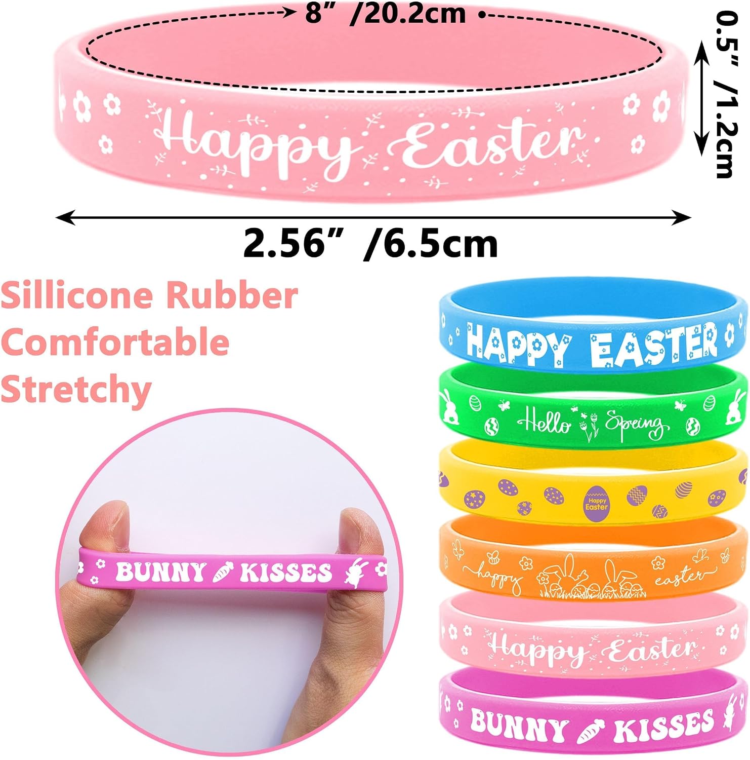 Lesnala 48 PCS Easter Rubber Wristband Theme Party Bunny Egg Carrot Silicone Bracelet for Kids Teens Women Men Gifts Holiday Accessories Basket Stuffers Supplies