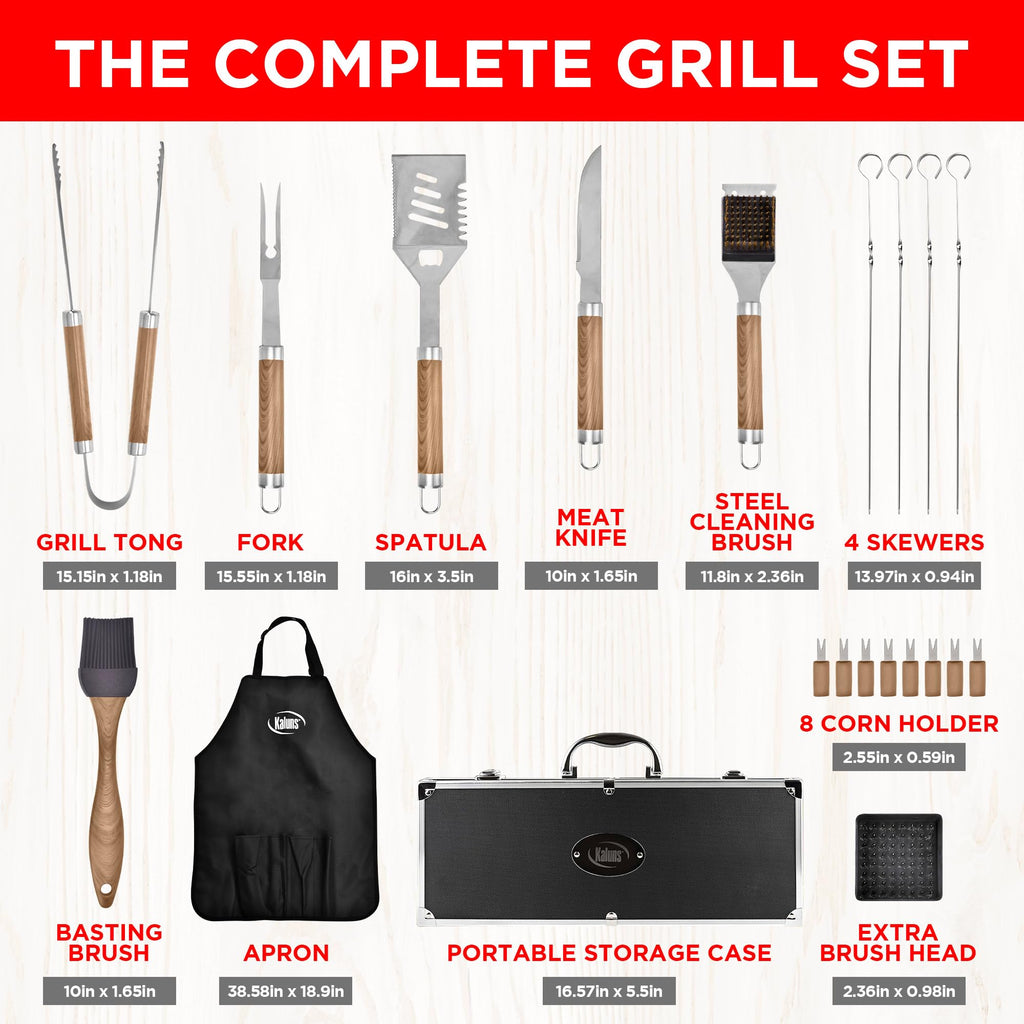 Kaluns Grilling Accessories, Dad Gifts for Fathers Day, Grilling Gifts, Heavy Duty Stainless Steel BBQ Tool Set for Outdoor Grill with Aluminum Case and Apron, Birthday Gifts for Men Women