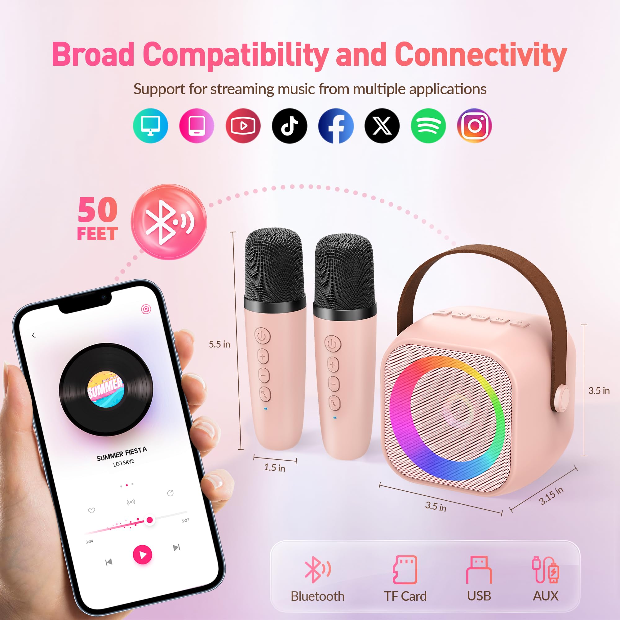 Mini Karaoke Machine, Portable Bluetooth Karaoke Speaker with 2 Wireless Microphones and Party Lights for Kids and Adults, Birthday Gifts for Girls Boys Family Home Party