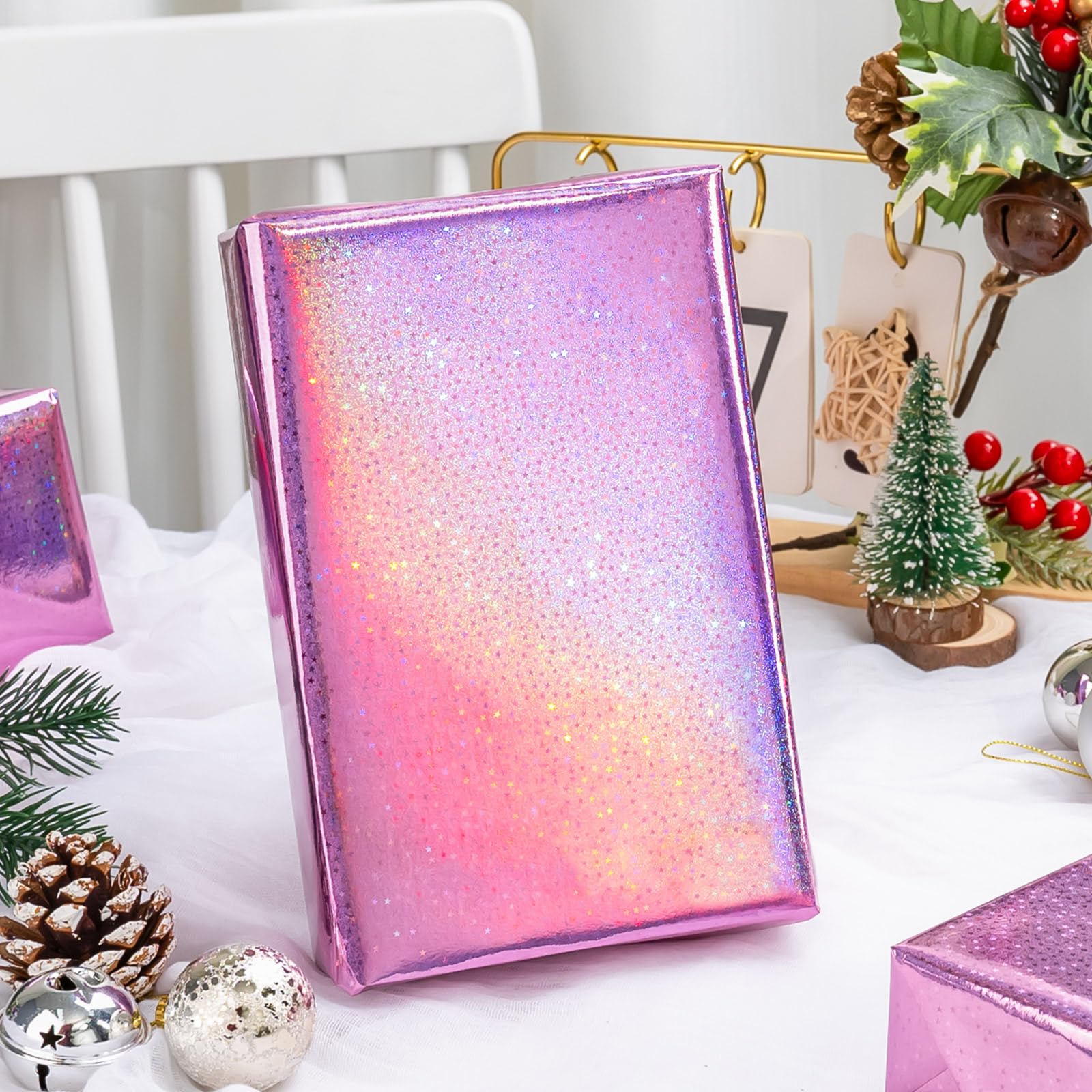 Burymento Black Wrapping Paper Roll, Metallic Holographic Stripe Gift Wrap for Birthday, Valentines, Mothers day, Graduation, Wedding, Fathers day, Baby Shower, Christmas (17 IN x 32.8 FT)