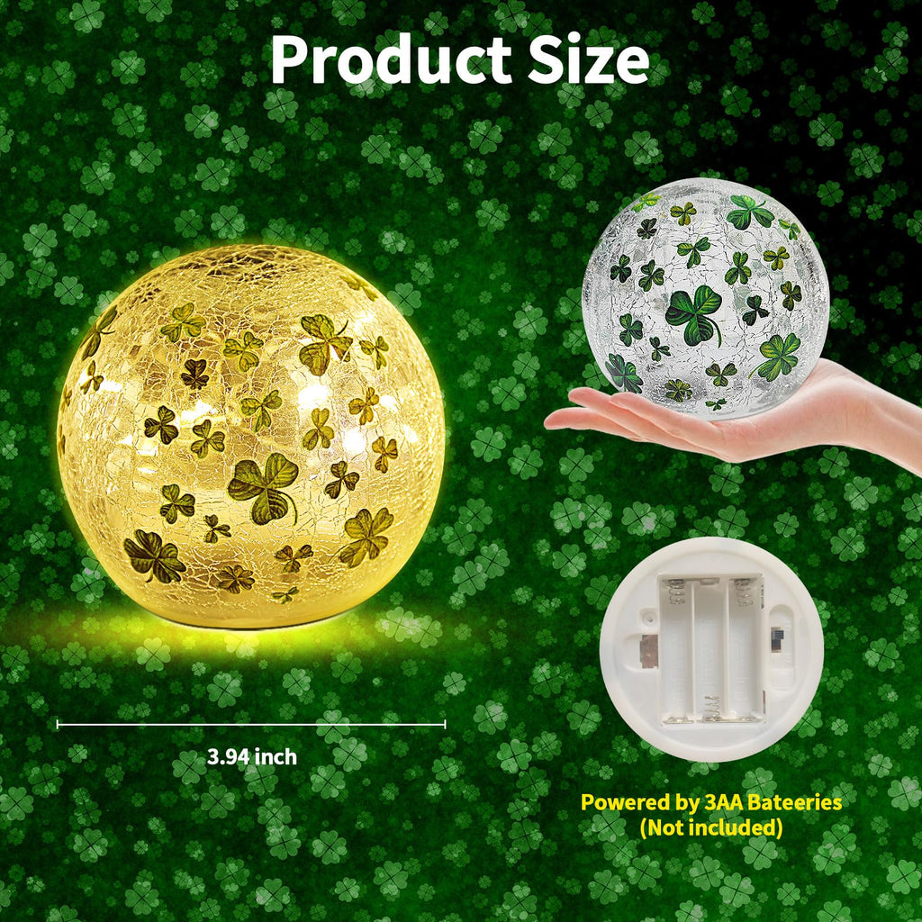 St Patricks Day Decorations Lights, Lighted Glass Ball Tabletop Irish Decor LED Night Light with Clover Pattern,Irish DIecorations for Home (2PCS3.93'')