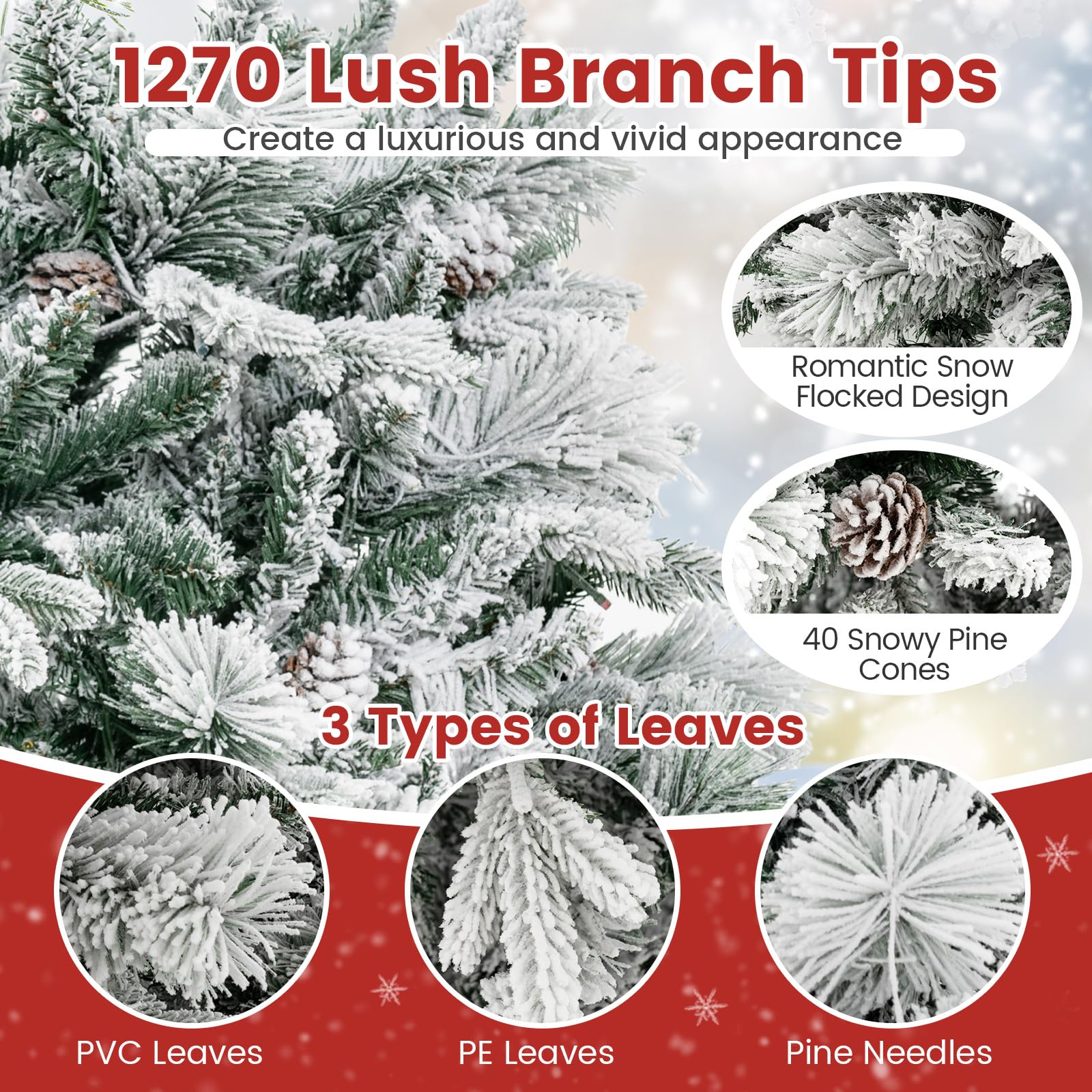 Goplus 7ft Pre-Lit Snow Flocked Christmas Tree, Artificial Hinged Xmas Tree with 320 Multi-Color LED Lights, 8 Lighting Modes, 1270 Branch Tips, Pine Needles, Pine Cones, Holiday Office Home Décor