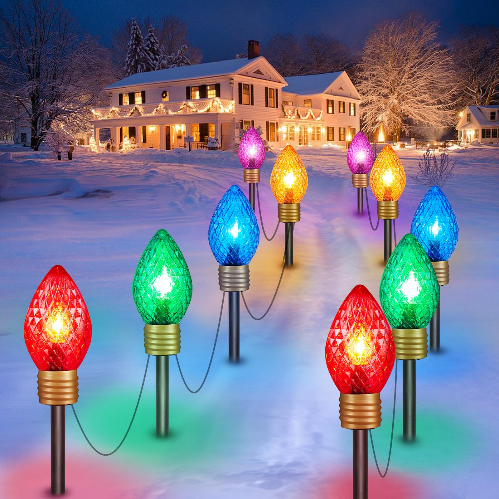 Jumbo C9 Christmas Pathway Lights Outdoor - 8.5 Feet 5 LED C9 Walkway Light, C7 Light Covered Jumbo Multicolor Bulb Christmas Lights Outdoor Decorations for Lawn Holiday Outside Yard Garden