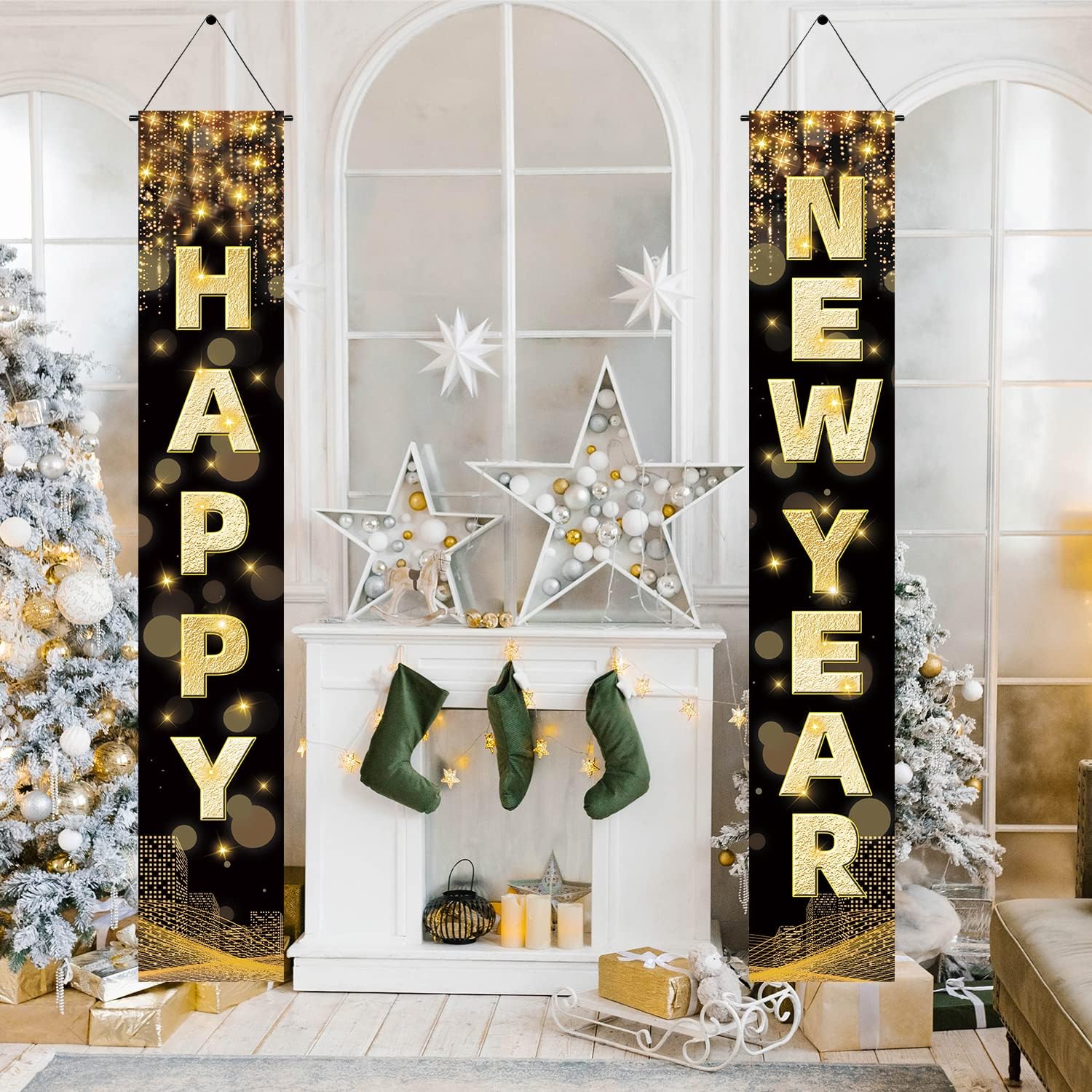 Labeol Happy New Year Banner, 72 x 12 Inch Large Front Door Porch Sign Hanging Banner Decorations New Years Eve Party Supplies 2025, Happy 2025 Decorations for Outdoor Indoor Home Wall