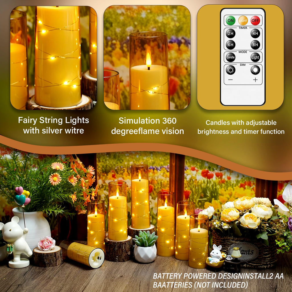 kakoya Flameless LED Candles with Timer 5 Pc Flickering Flameless Candles for Romantic Ambiance and Home Decoration Stable Acrylic Shell,with Embedded Star String，Battery Operated Candles（Red）