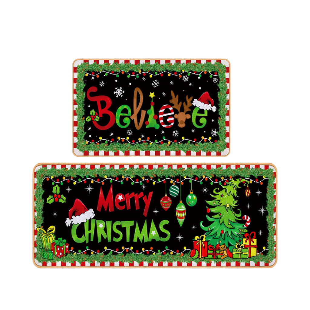 Decorative Kitchen Mat Set, Christmas Holiday Theme, Low Profile Floor Carpet for Home, Party, Autumn Decor, 2 Piece (Christmas)