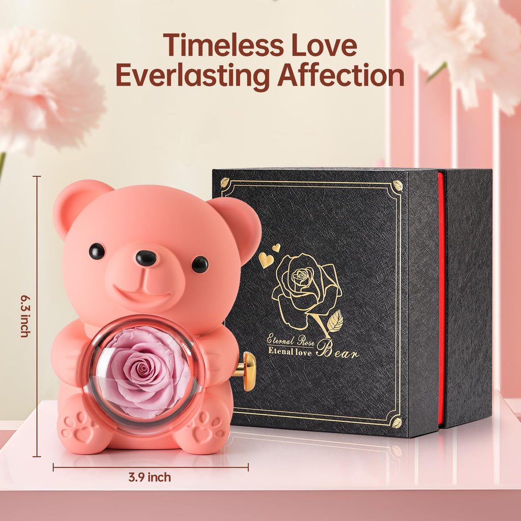 Cute Teddy Bear with Preserved Rose - A Real Rose Flower in Bear with Elegant Gift Box - Romantic Gift for Her in Mother's Day, Weddings, Anniversaries, and Bridal Showers (Red)