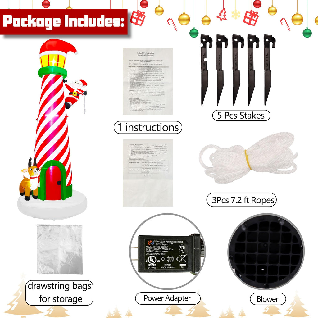 Lulu Home 9FT Christmas Inflatable Decorations, Giant Lighted Lighthouse with Santa and Reindeer, Xmas Blowups with Drawstring Bags for Winter Holiday Yard Lawn Garden Outdoor Decor