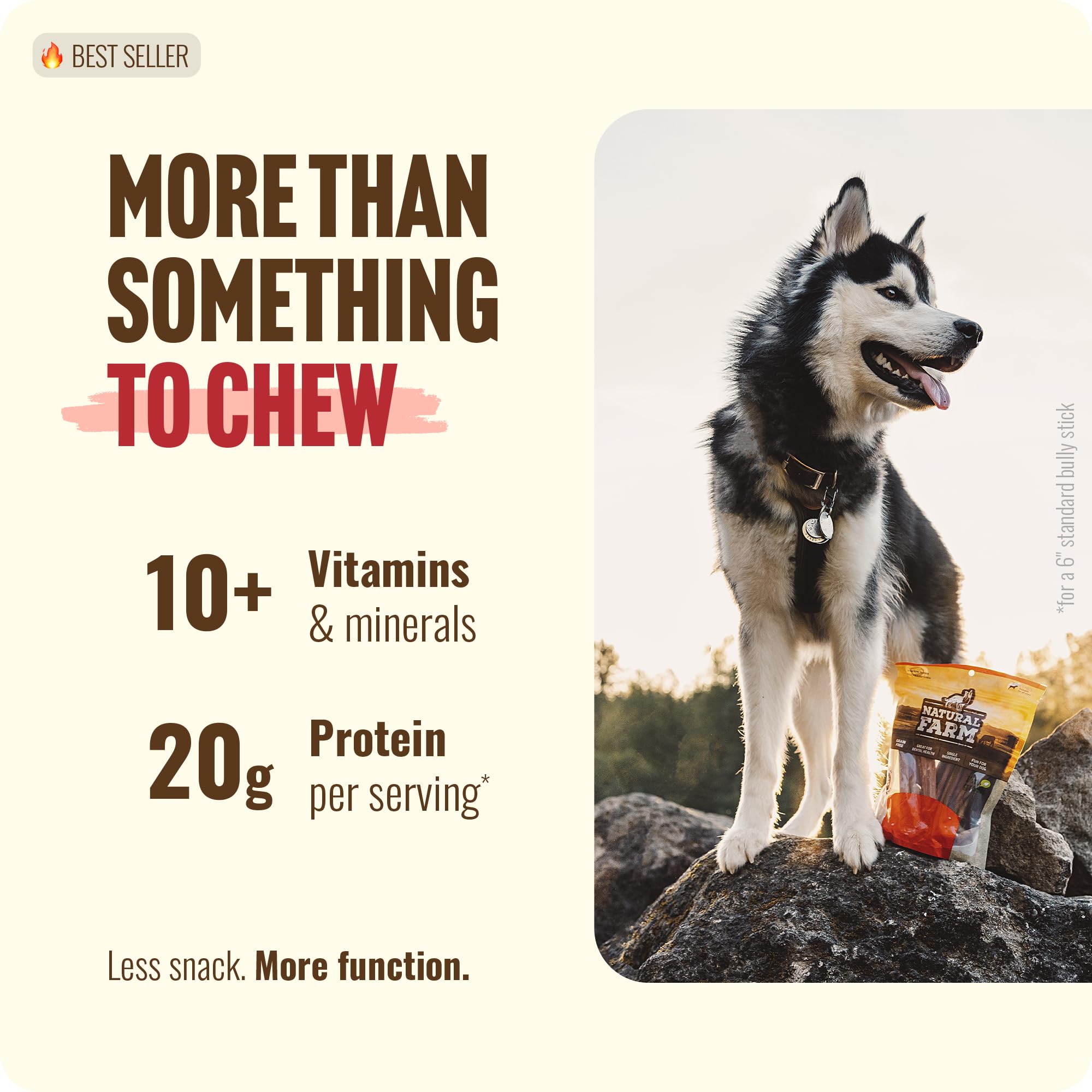 Natural Farm Bully Sticks (6 Inch, 15 Count), Single Ingredient: 100% Beef Chews, Grass-Fed, Non-GMO, Grain-Free, Fully Digestible Treats for Puppies, Small or Senior Dog
