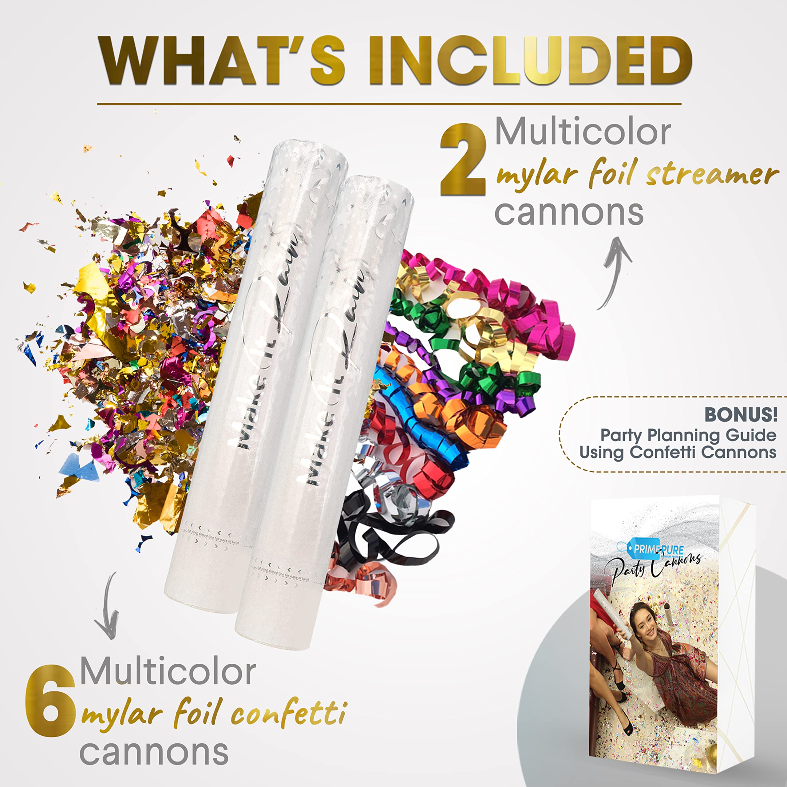 PrimePure Confetti Cannon Party Poppers - Gold Star Confetti Poppers - 2 Pack - Make It Rain Gold Glitter Stars Party Cannons Pop Gun for Birthday, Wedding, Graduation, Celebration, Events, Pranks