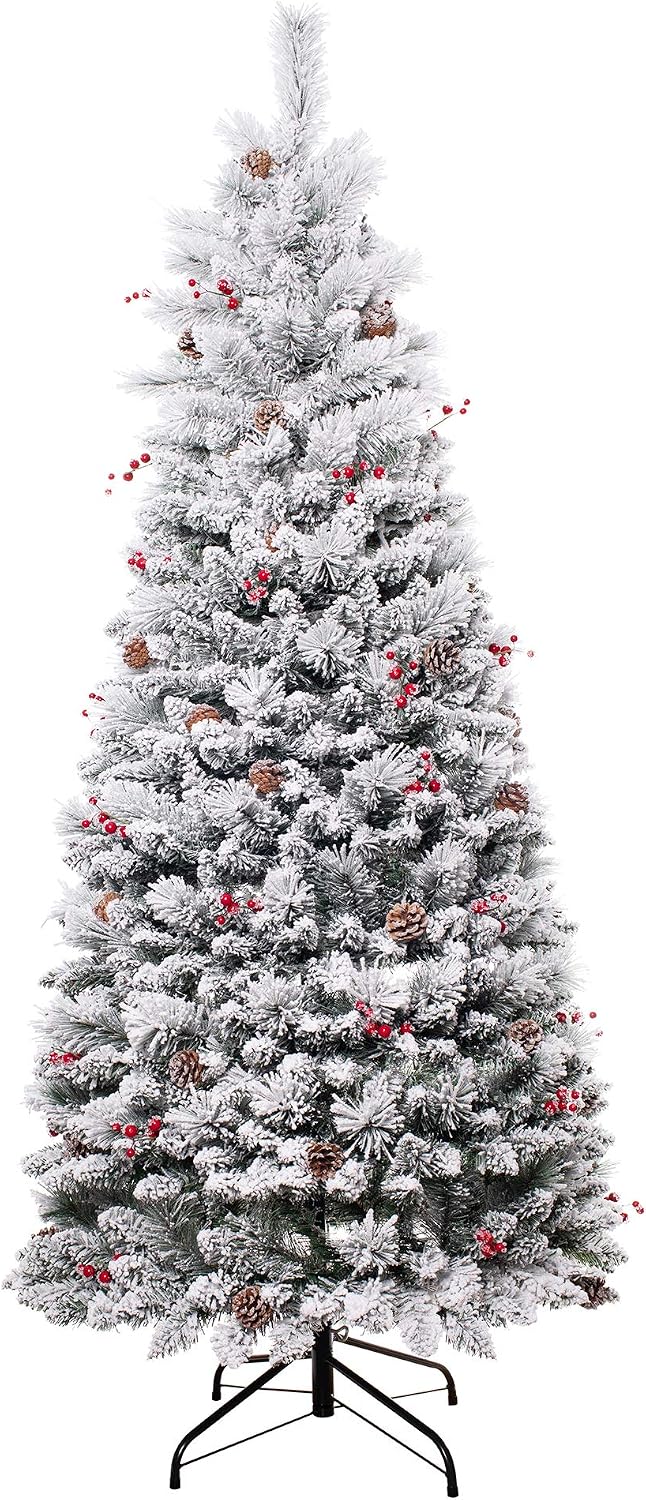 Haute Decor 6.5 Foot Pre-lit Newbury Flocked Easy Stow, Pop-Up, Pull-Up Artificial Fir Christmas Tree with 300 Warm White LED Lights and Included Storage Bag